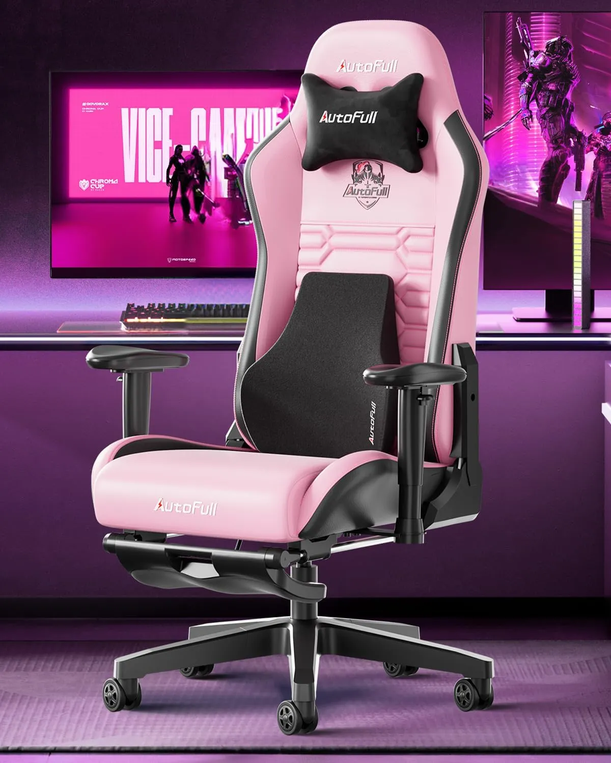 AutoFull C3 Gaming Chair, Racing Style Gaming Chair with Ergonomic Lumbar Support,Adjustable High Back PU Leather PC Chair with Footrest,Pink