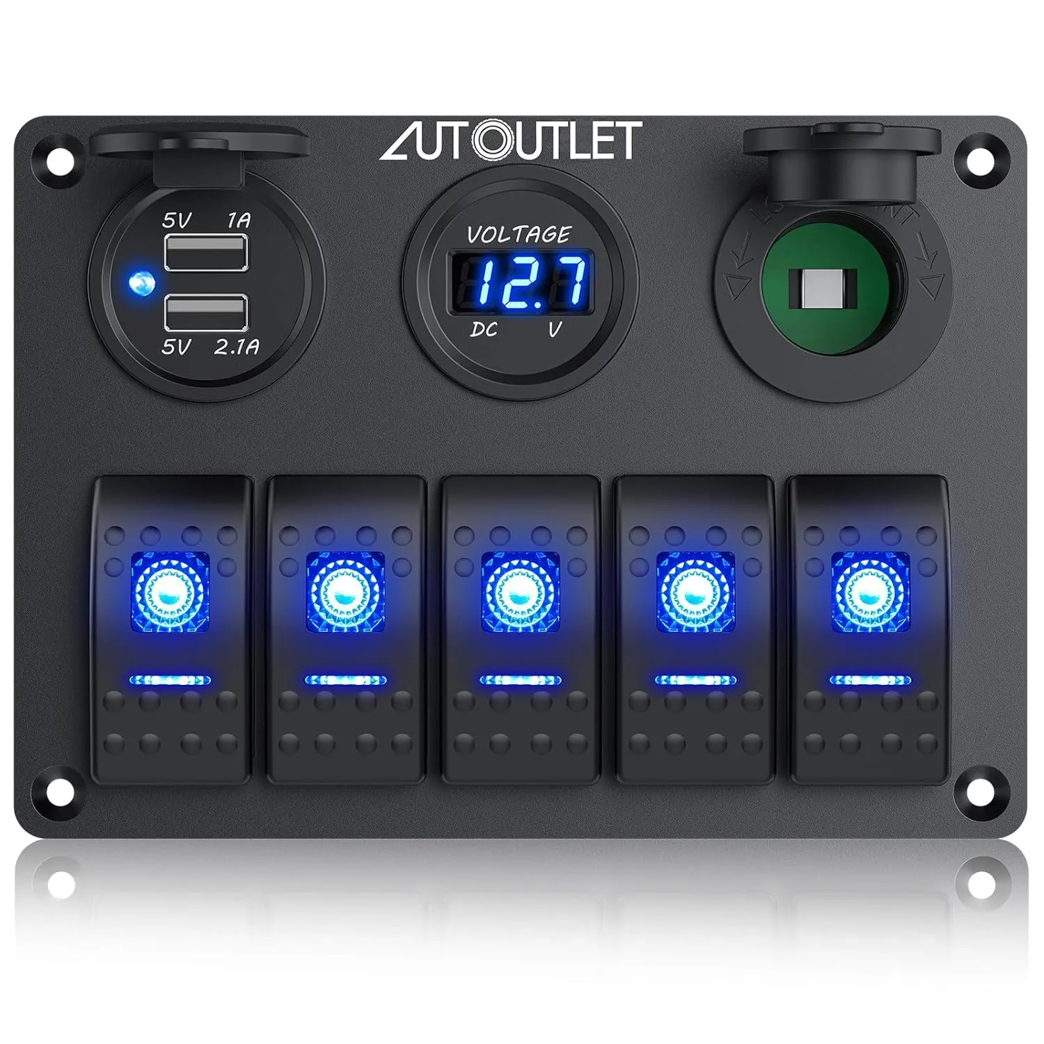 AUTOUTLET 5-Way Switch Panel with USB Ports & LED Indicator, 12V Cigarette Lighter Socket, IP66 Waterproof, 12V-24V Universal Switch Panel, Ideal for Boats, Trucks, RVs, and More