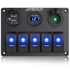 AUTOUTLET 5-Way Switch Panel with USB Ports & LED Indicator, 12V Cigarette Lighter Socket, IP66 Waterproof, 12V-24V Universal Switch Panel, Ideal for Boats, Trucks, RVs, and More