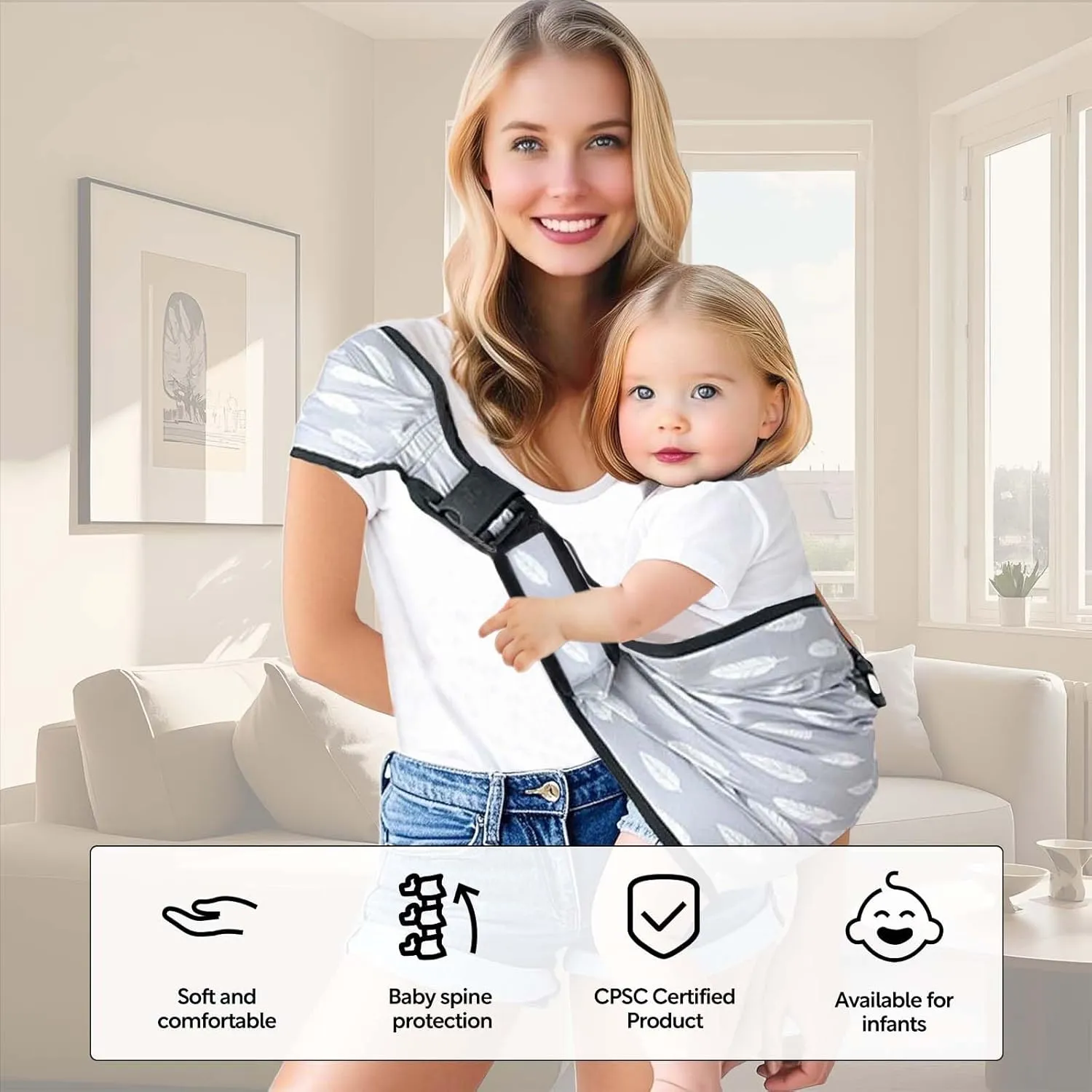 Baby Sling Carrier with Hip Seat - Adjustable & Safety Certified, Ergonomic Non-Slip Design for Newborn to Toddler (0-36 Months) -Carrying 8-35lbs Gray Feather
