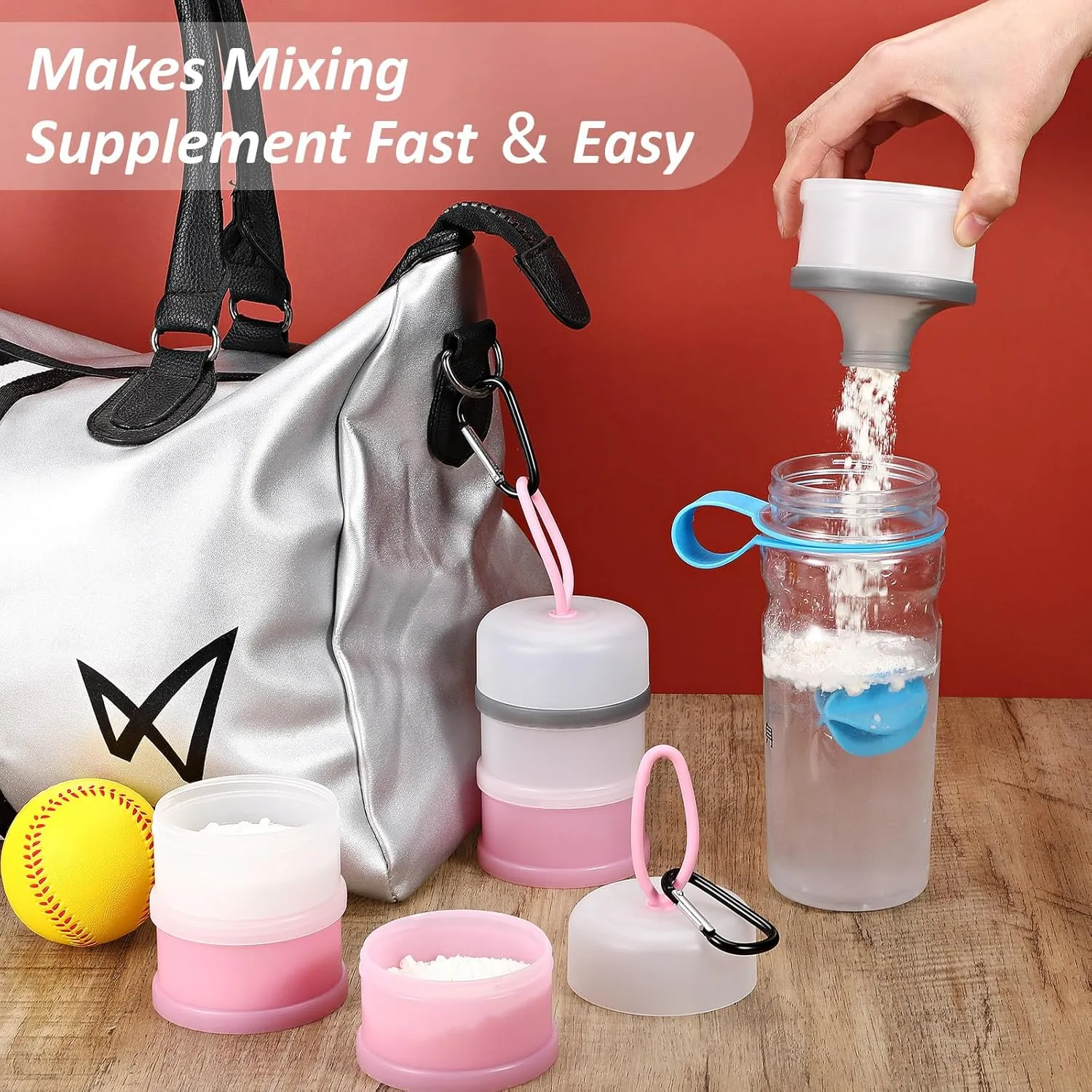 Baderke 2 Pcs Protein Powder Container with Funnels Stand, 4 Stackable Leakproof Protein Powder Dispenser, Portable Keychain Powder Container for Workout, Fitness, Travel(Pink, White)
