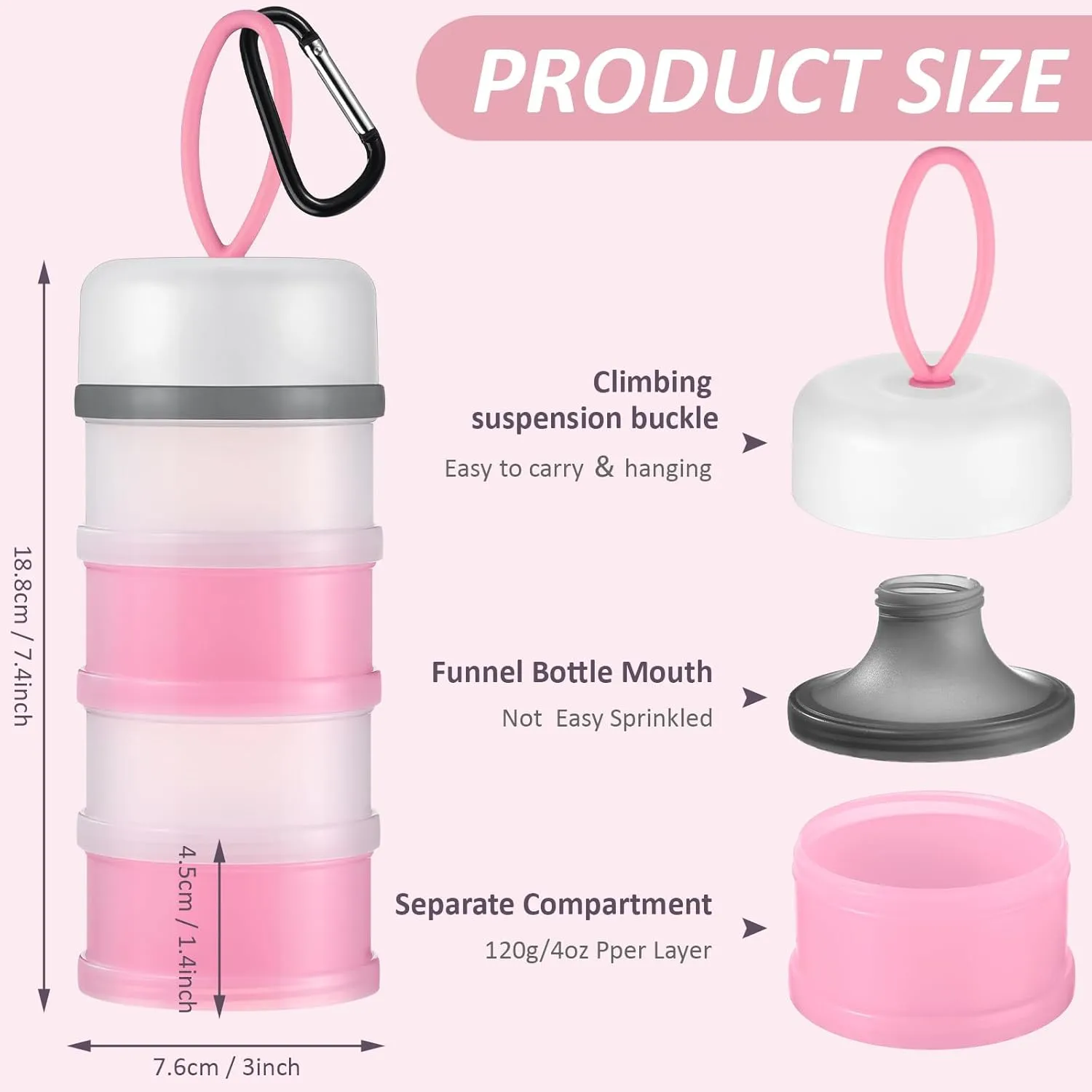 Baderke 2 Pcs Protein Powder Container with Funnels Stand, 4 Stackable Leakproof Protein Powder Dispenser, Portable Keychain Powder Container for Workout, Fitness, Travel(Pink, White)