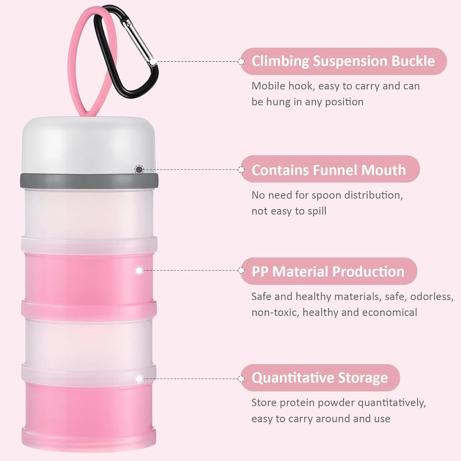 Baderke 2 Pcs Protein Powder Container with Funnels Stand, 4 Stackable Leakproof Protein Powder Dispenser, Portable Keychain Powder Container for Workout, Fitness, Travel(Pink, White)