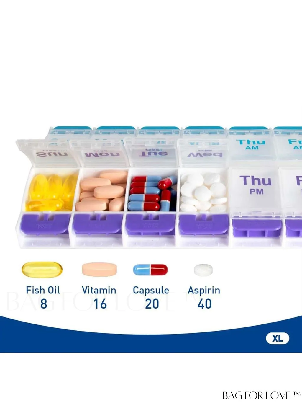 BagForLove - 14-Compartment Weekly Double-Row Pill Box for Home Medication Management