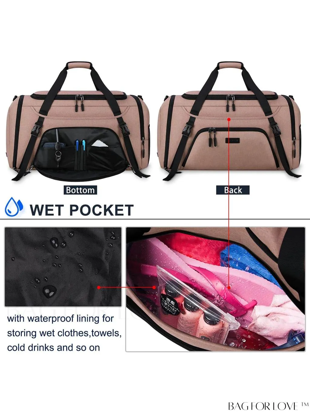 BagForLove - 40L Waterproof Gym Duffle Bag for Women & Men - Travel Sports Bag with Shoe Compartment & Wet Pocket