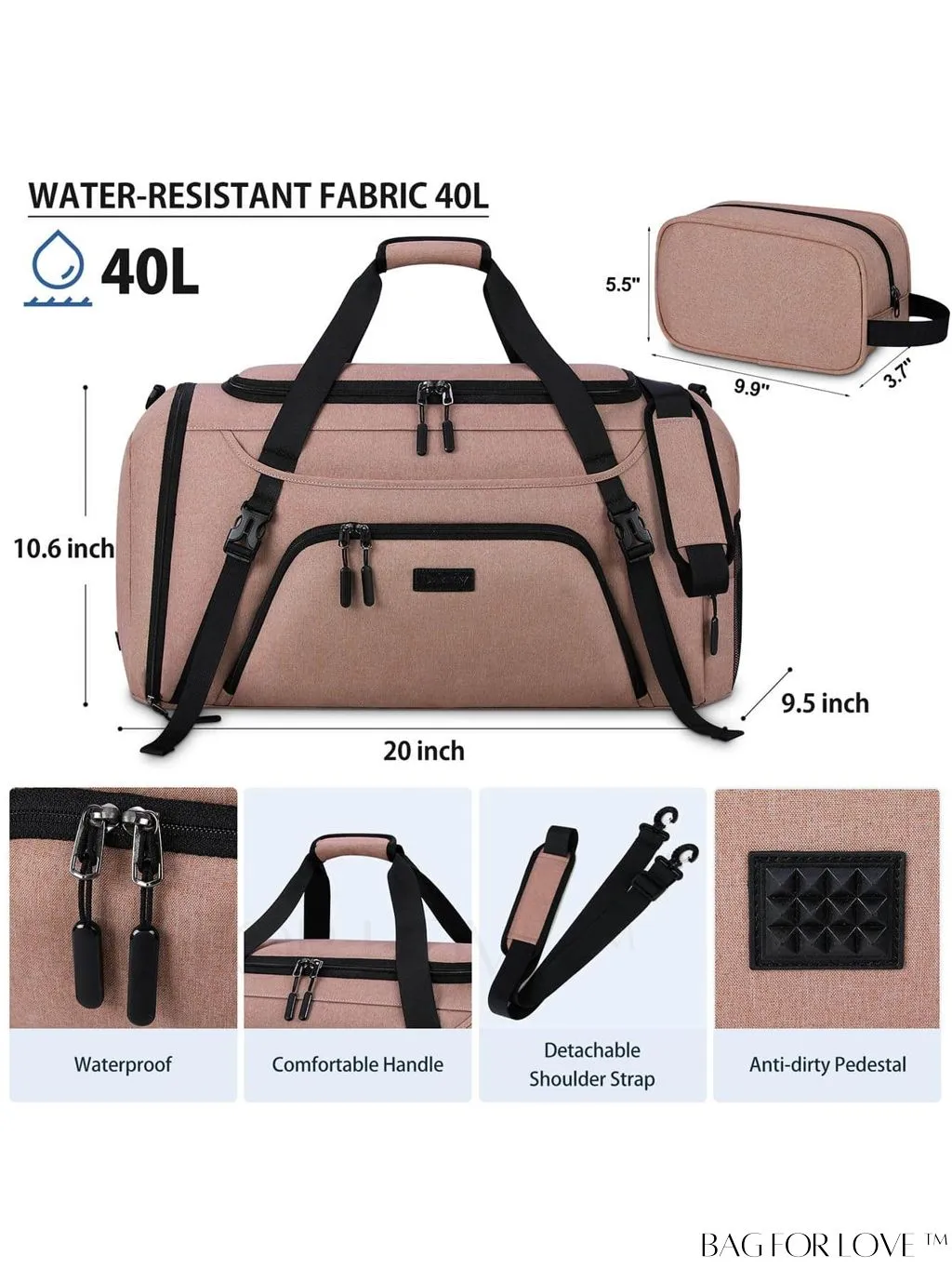BagForLove - 40L Waterproof Gym Duffle Bag for Women & Men - Travel Sports Bag with Shoe Compartment & Wet Pocket