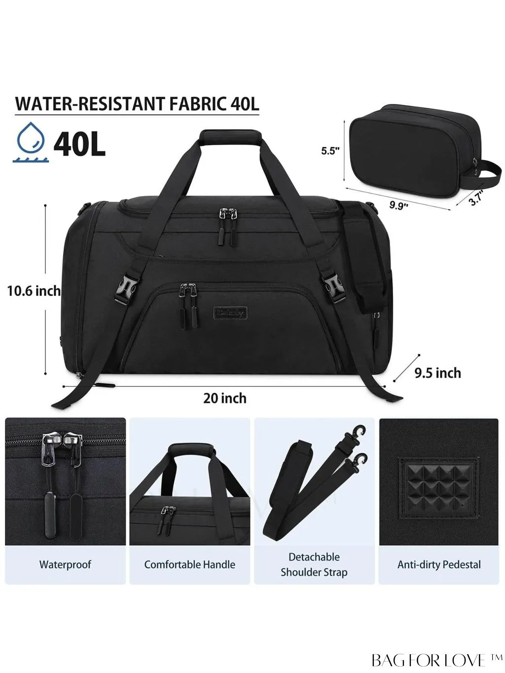 BagForLove - 40L Waterproof Gym Duffle Bag for Women & Men - Travel Sports Bag with Shoe Compartment & Wet Pocket