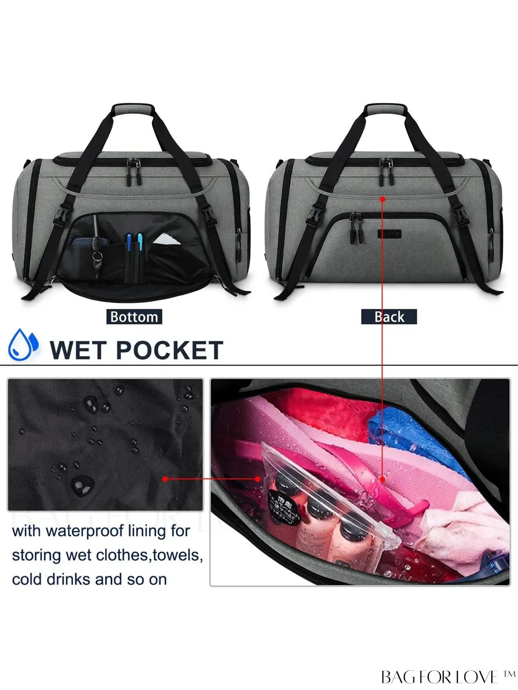 BagForLove - 40L Waterproof Gym Duffle Bag for Women & Men - Travel Sports Bag with Shoe Compartment & Wet Pocket