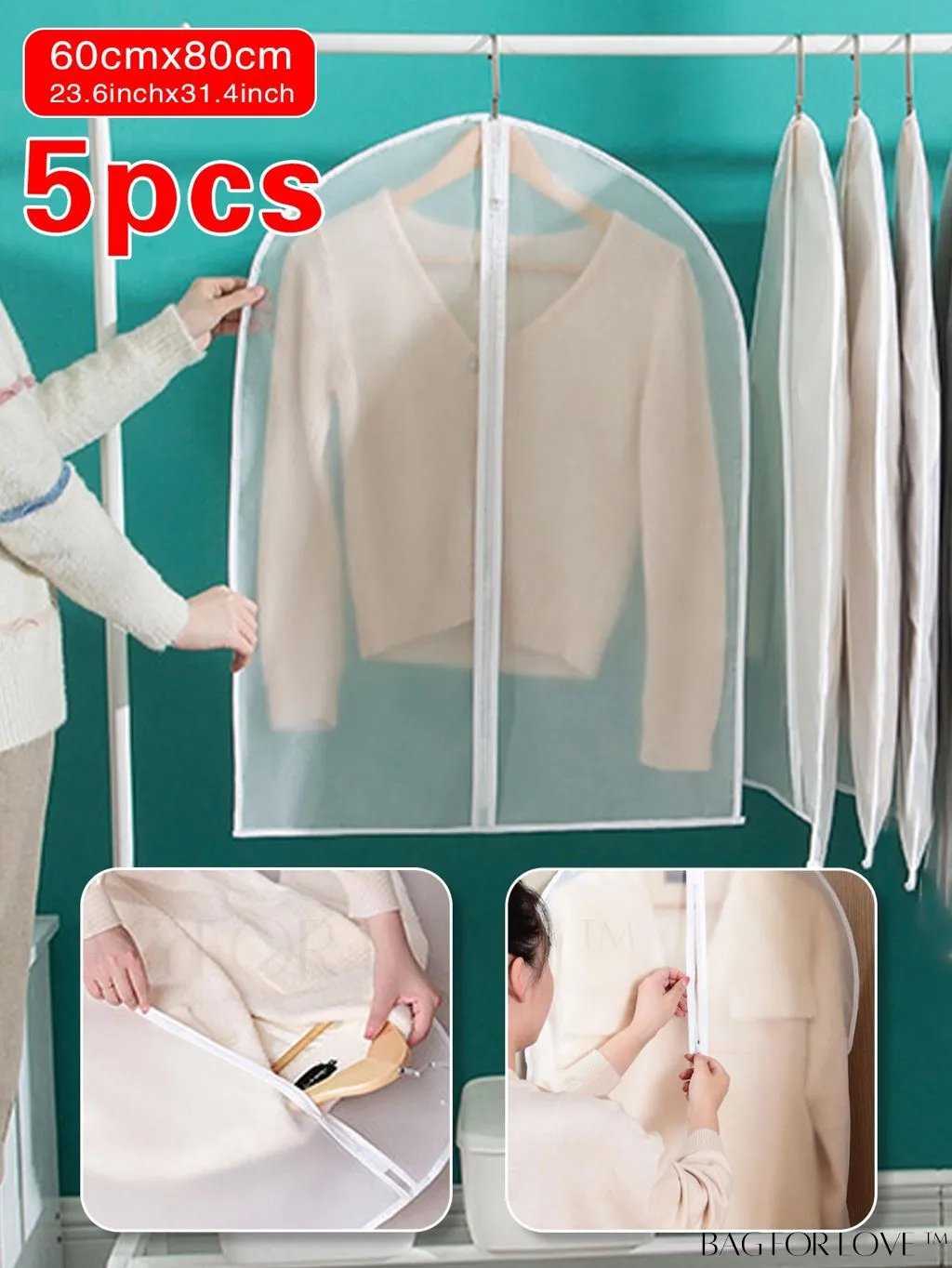 BagForLove - Dustproof Clothing Covers - Transparent, Foldable, and Waterproof - 5pcs Set for Garment Storage