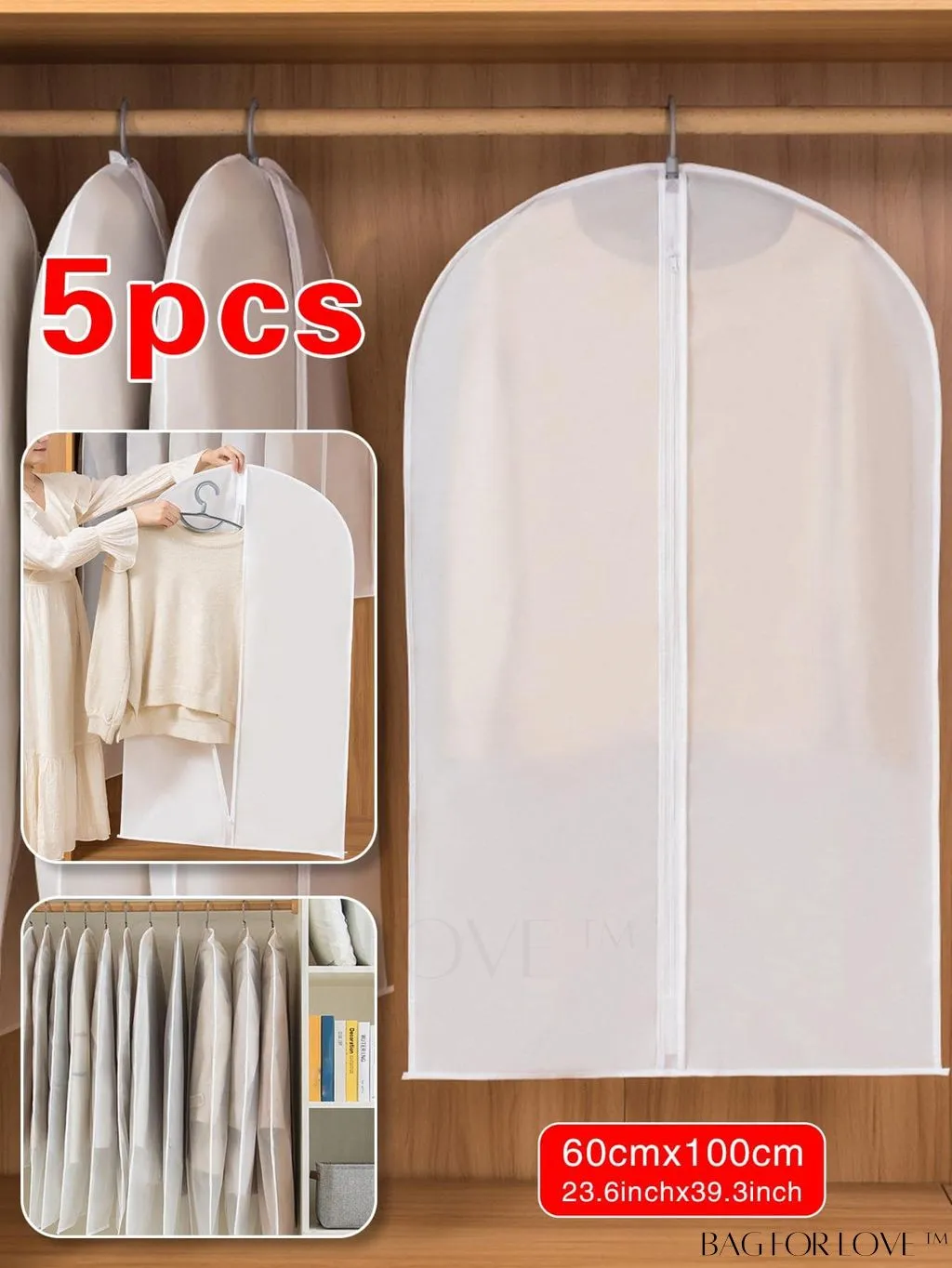 BagForLove - Dustproof Clothing Covers - Transparent, Foldable, and Waterproof - 5pcs Set for Garment Storage