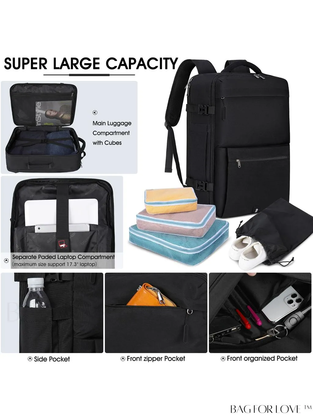 BagForLove - Flight Approved 17-inch Travel Backpack for Men and Women, Waterproof and Spacious, Perfect for Business and College