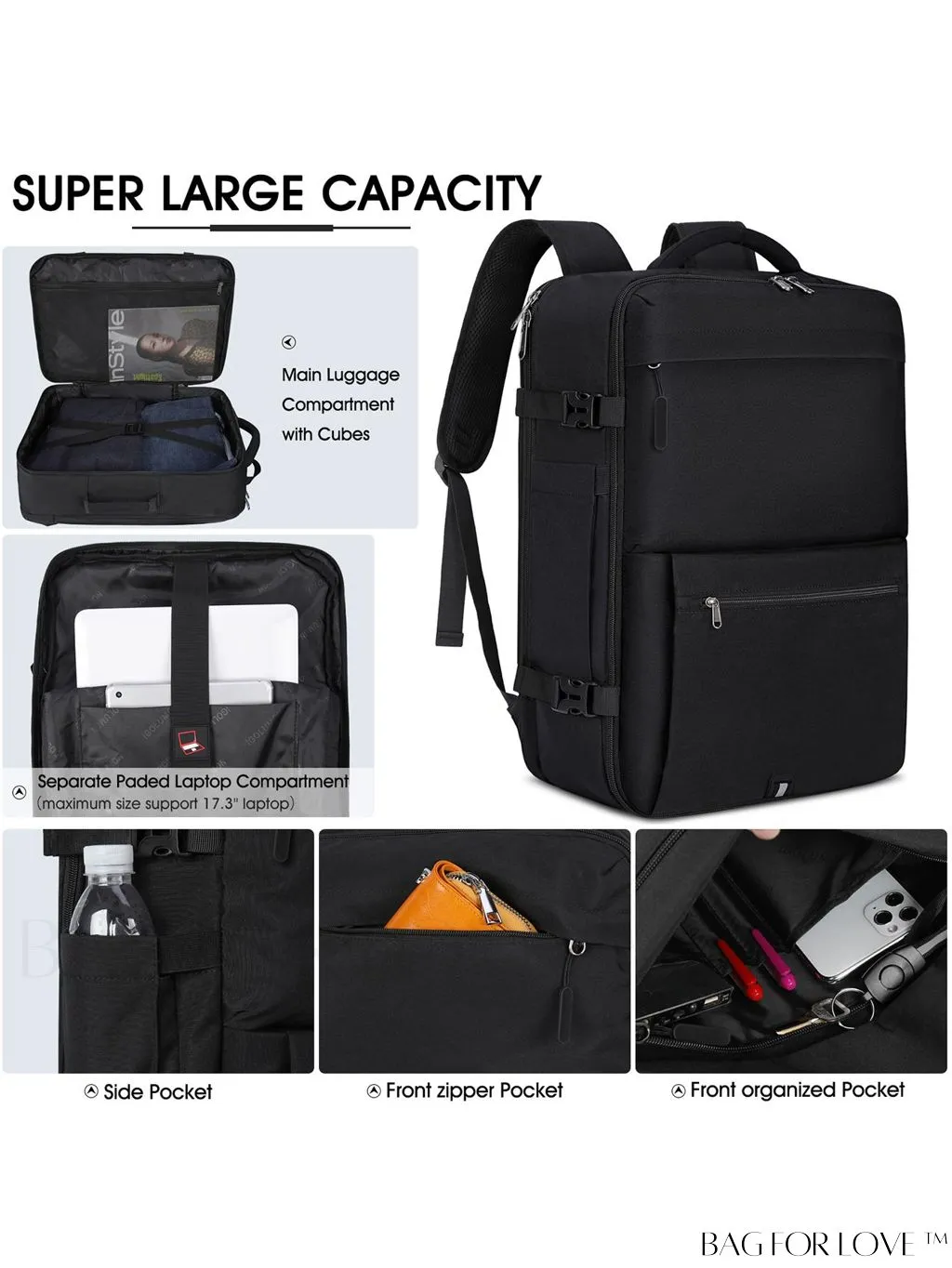 BagForLove - Flight Approved 17-inch Travel Backpack for Men and Women, Waterproof and Spacious, Perfect for Business and College