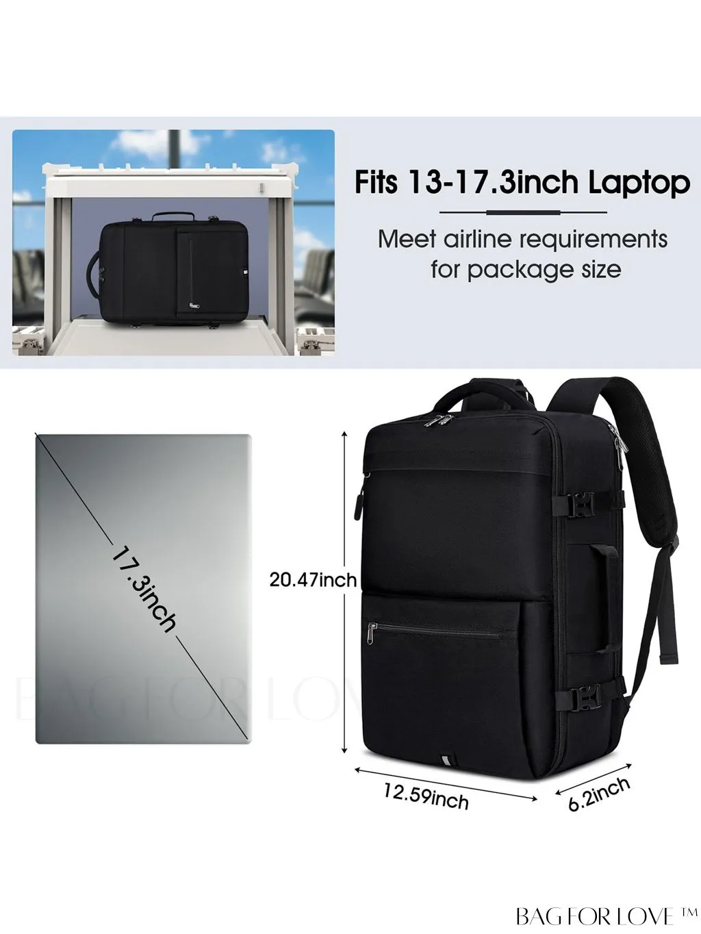BagForLove - Flight Approved 17-inch Travel Backpack for Men and Women, Waterproof and Spacious, Perfect for Business and College