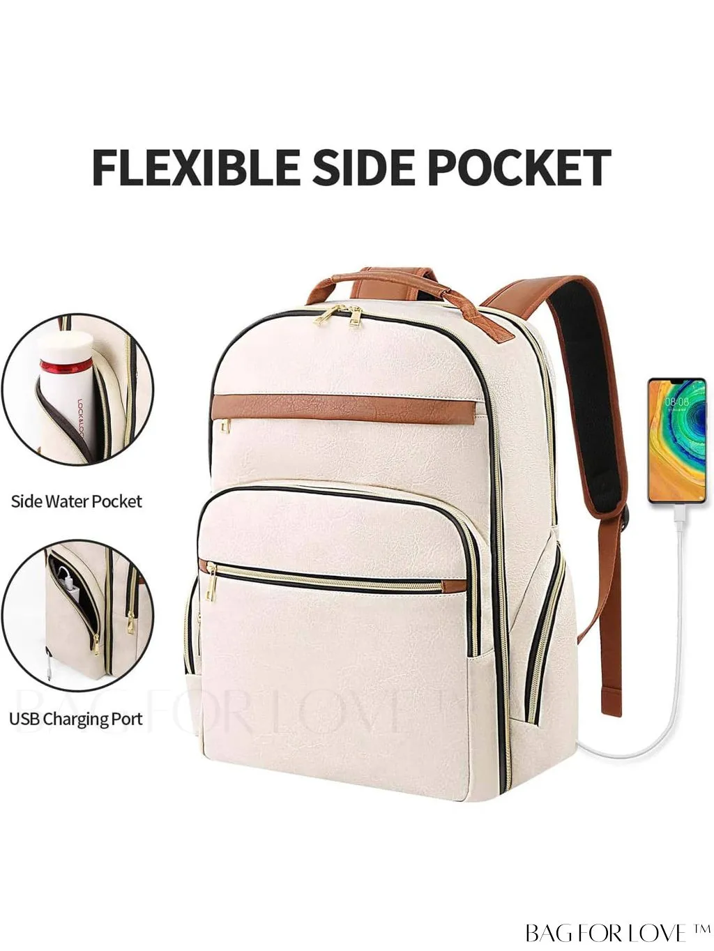 BagForLove - Flight-Approved 17.3 Inch Travel Laptop Backpack for Women with USB Charging Port (White Brown)