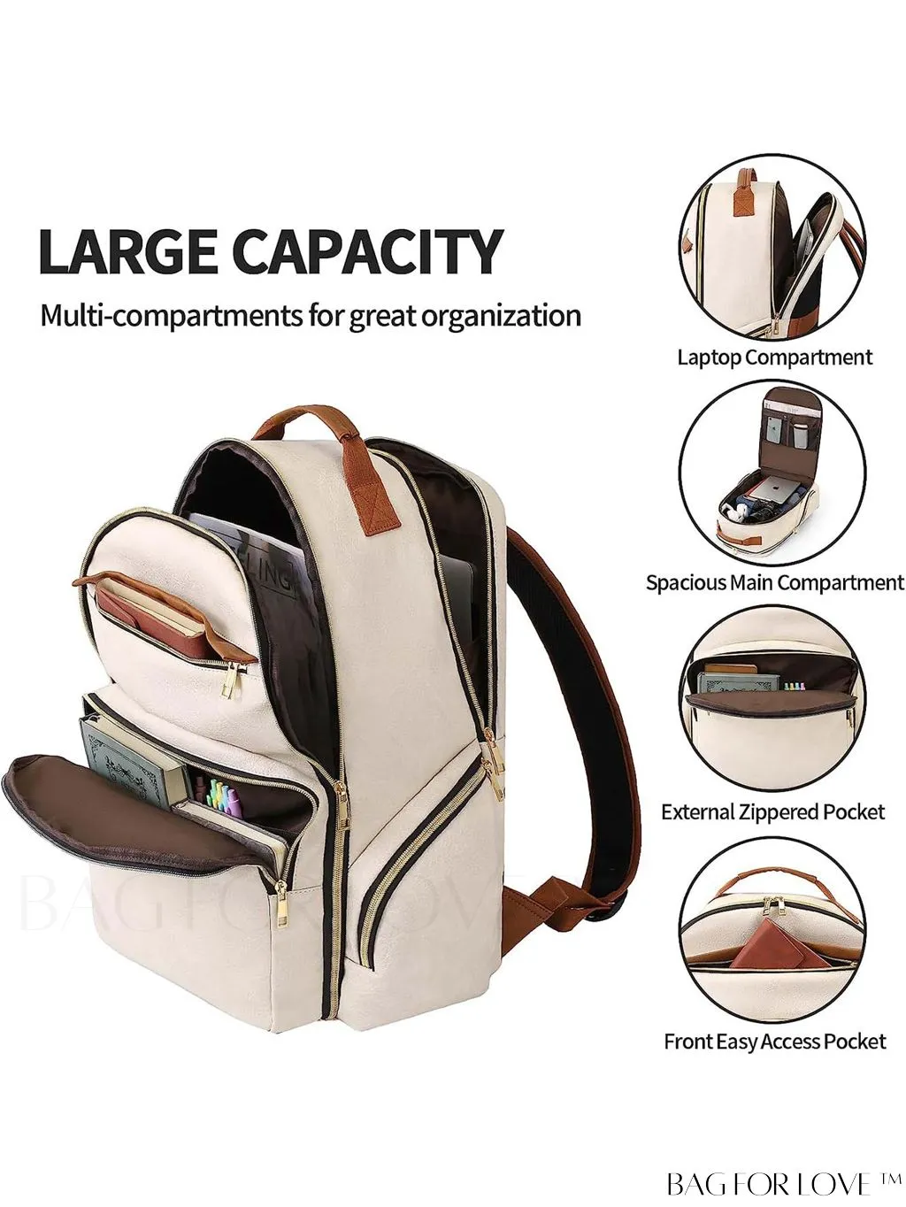 BagForLove - Flight-Approved 17.3 Inch Travel Laptop Backpack for Women with USB Charging Port (White Brown)