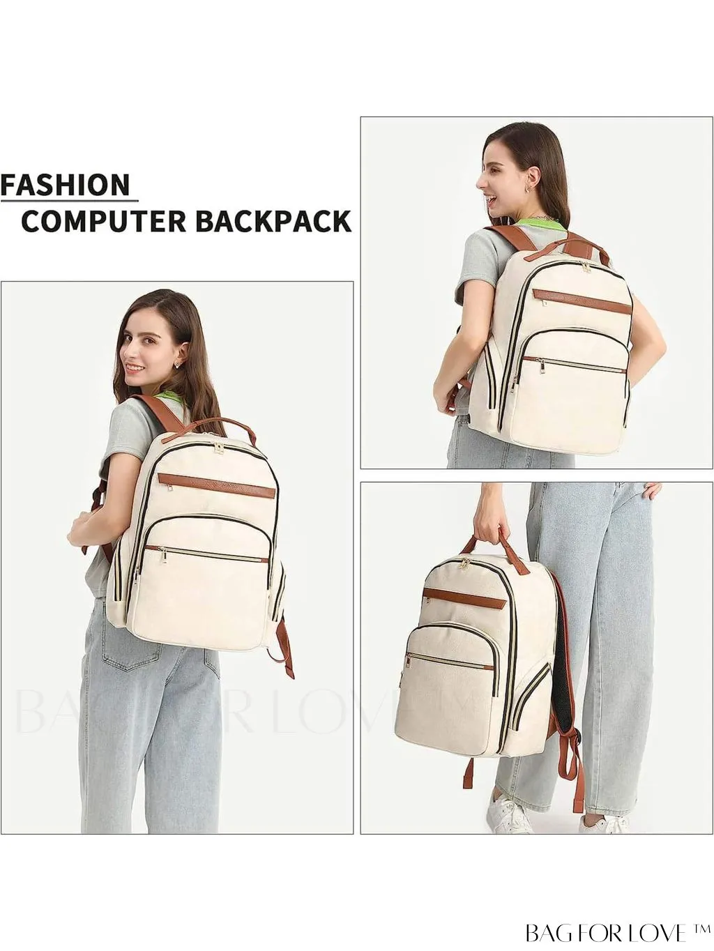 BagForLove - Flight-Approved 17.3 Inch Travel Laptop Backpack for Women with USB Charging Port (White Brown)