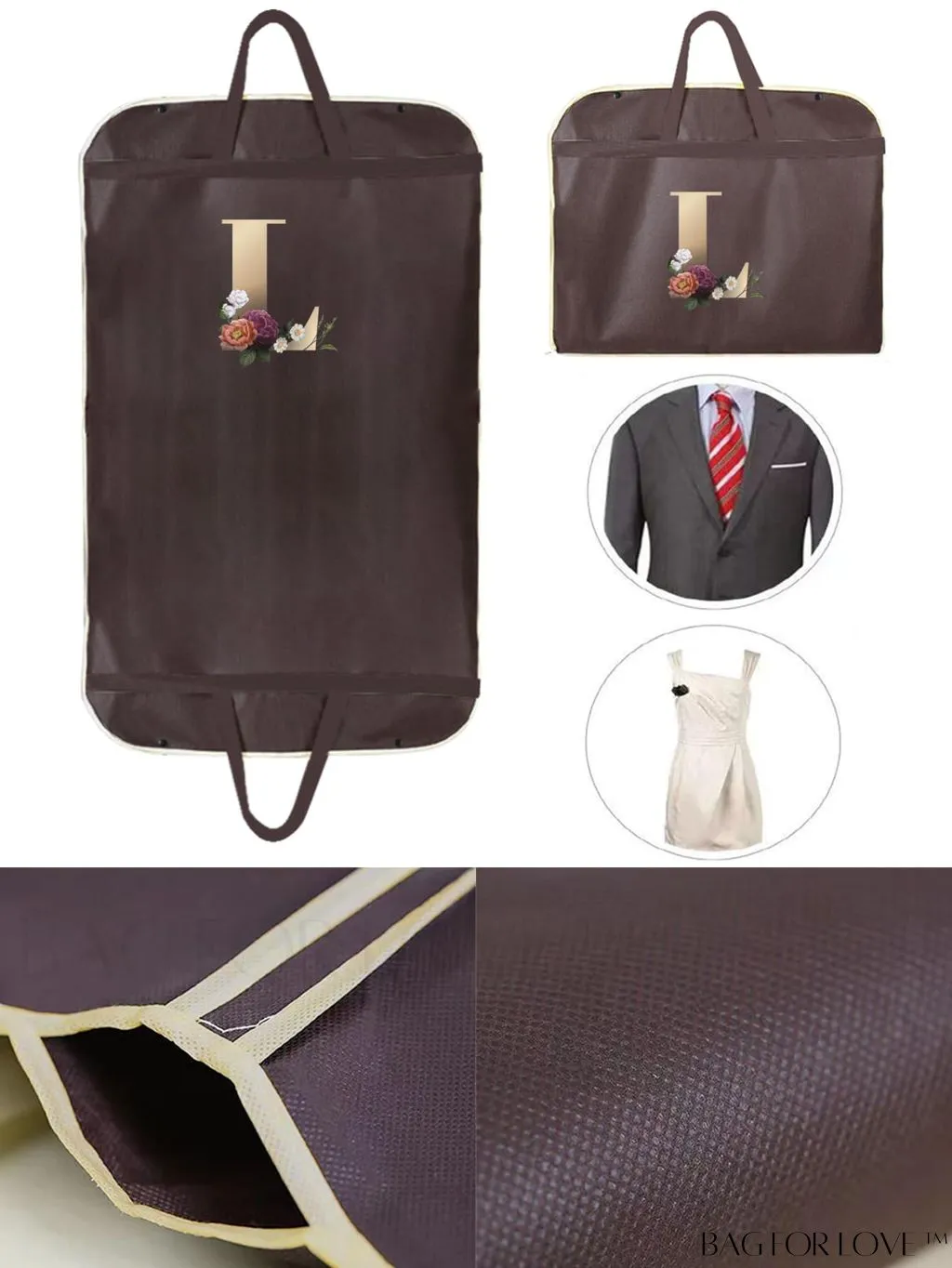 BagForLove - Gold Initial Name Print Wedding Dress Storage Bag - Wardrobe Organizer, Dust-Proof Travel Tote