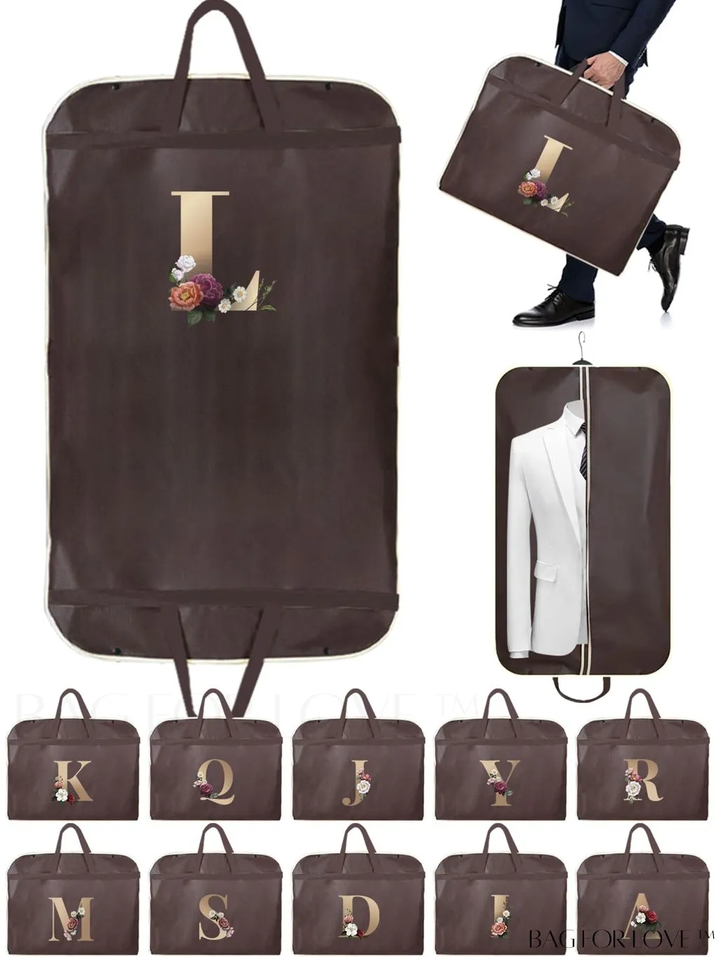 BagForLove - Gold Letter Initial Print Wedding Dress Garment Bag - Travel Tote for Dust-Proof Storage