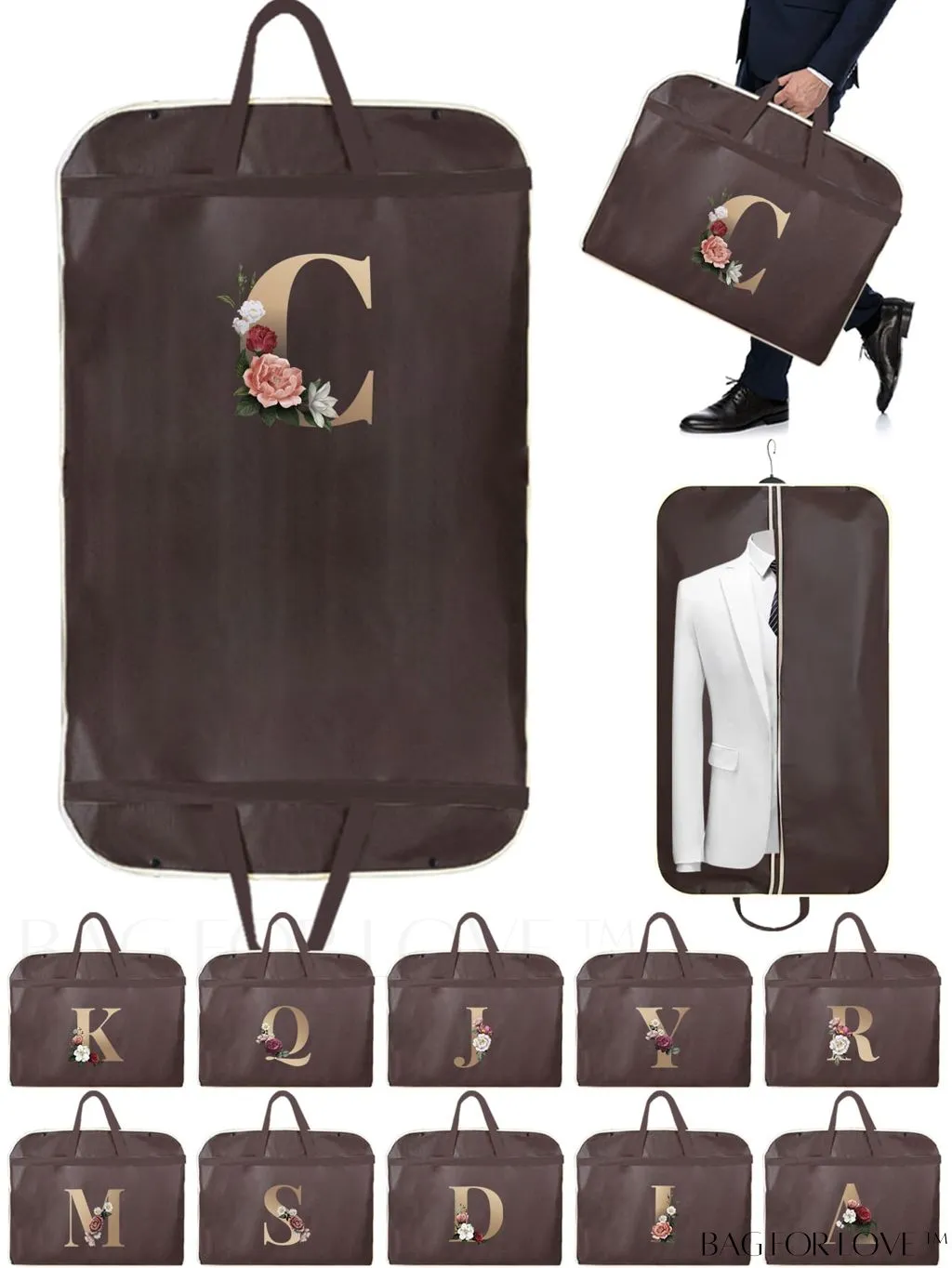 BagForLove - Gold Letter Initial Print Wedding Dress Garment Bag - Travel Tote for Dust-Proof Storage