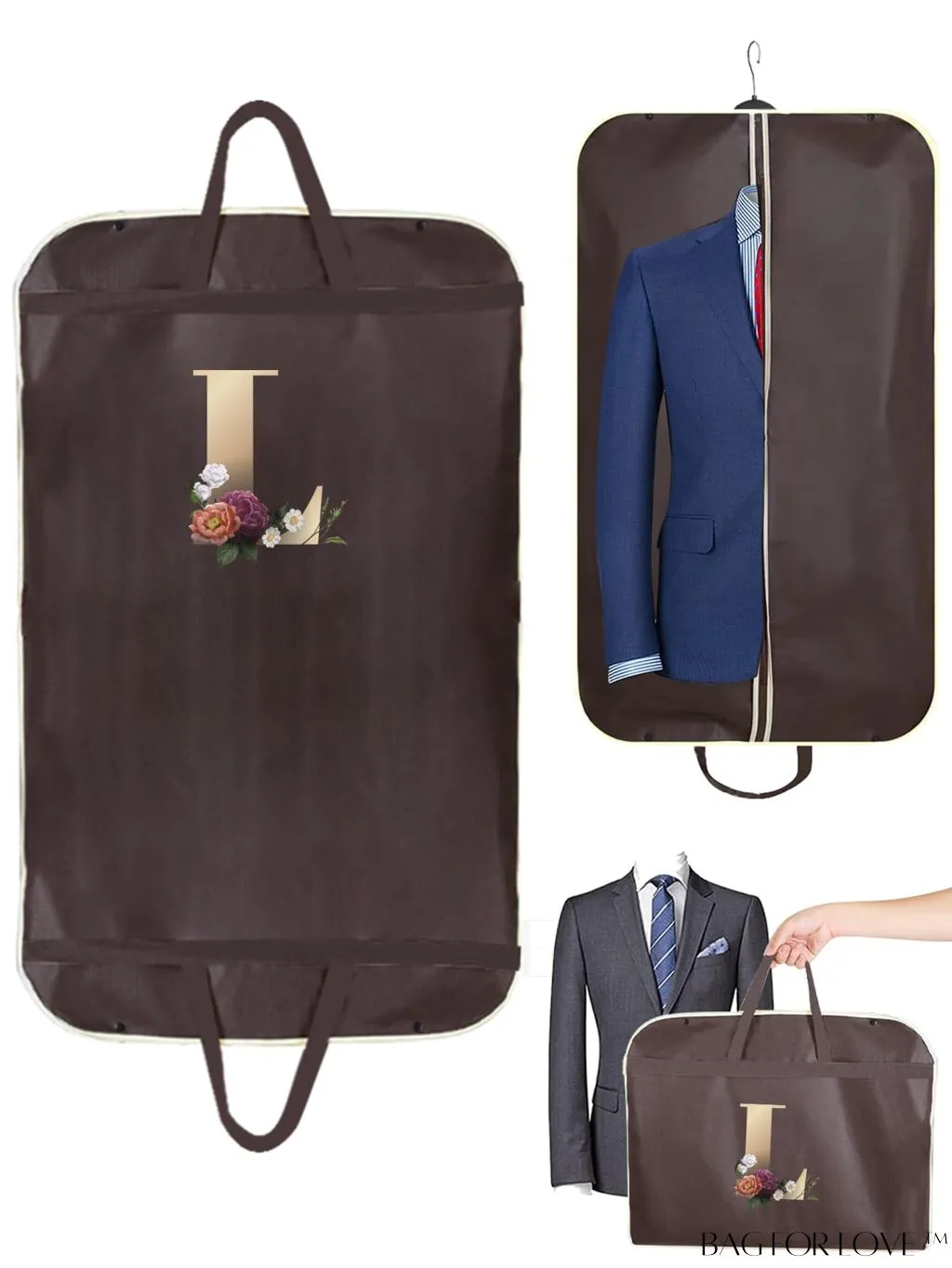 BagForLove - Gold Letter Initial Print Wedding Dress Garment Bag - Travel Tote for Dust-Proof Storage