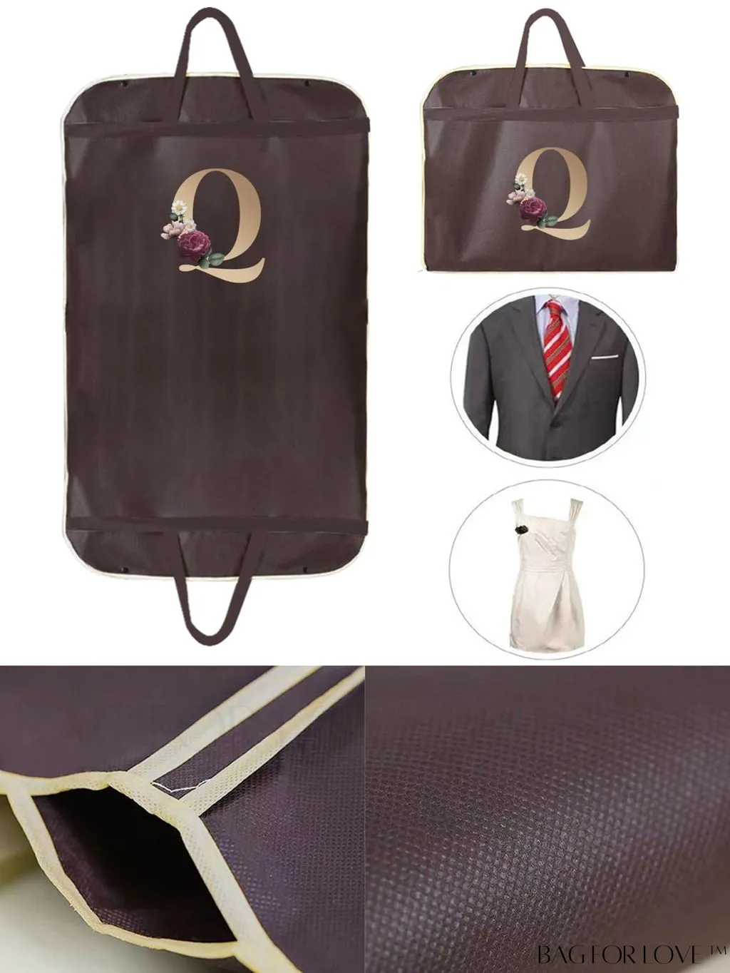 BagForLove - Gold Letter Initial Print Wedding Dress Garment Bag - Travel Tote for Dust-Proof Storage