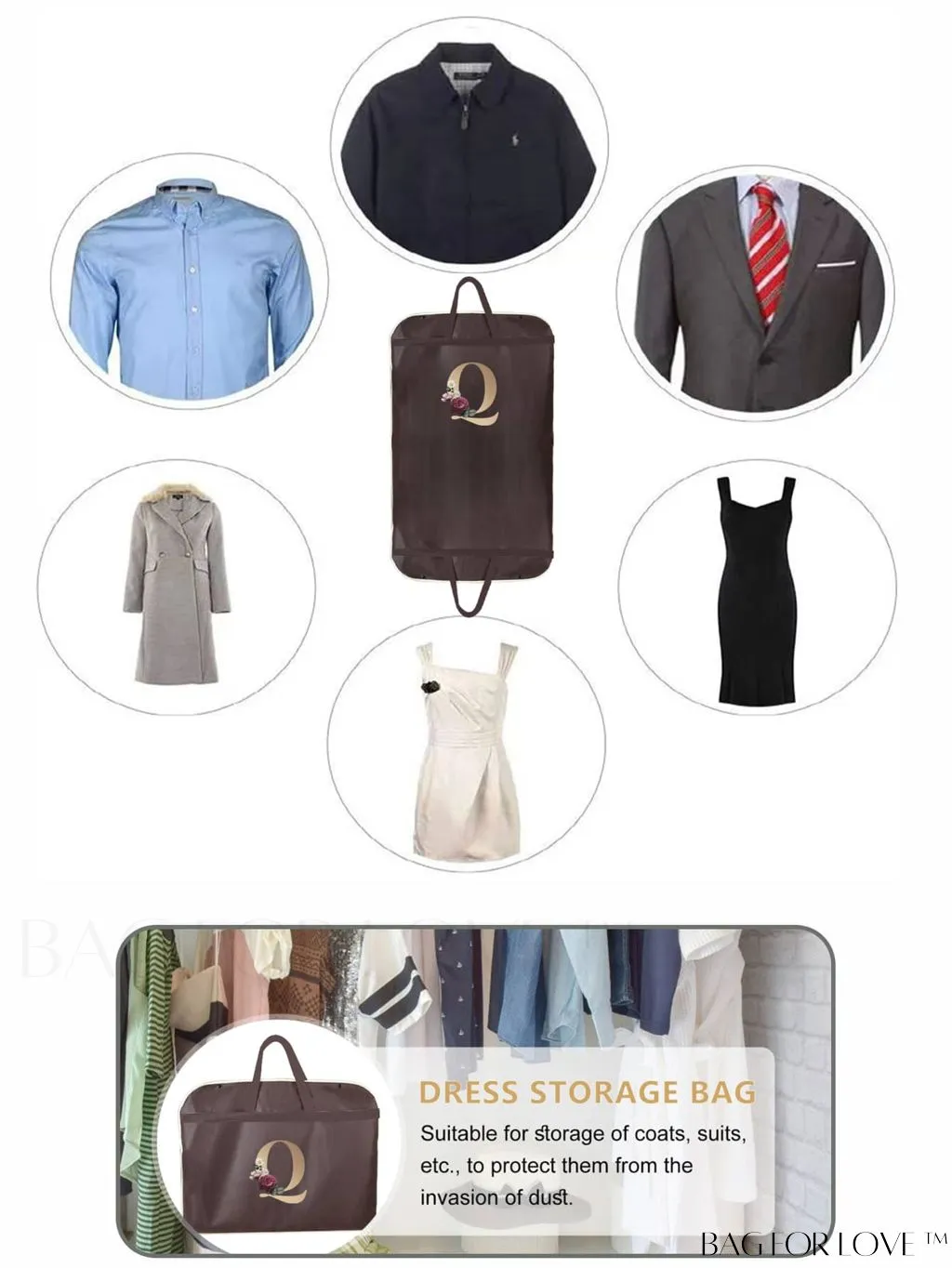 BagForLove - Gold Letter Initial Print Wedding Dress Garment Bag - Travel Tote for Dust-Proof Storage