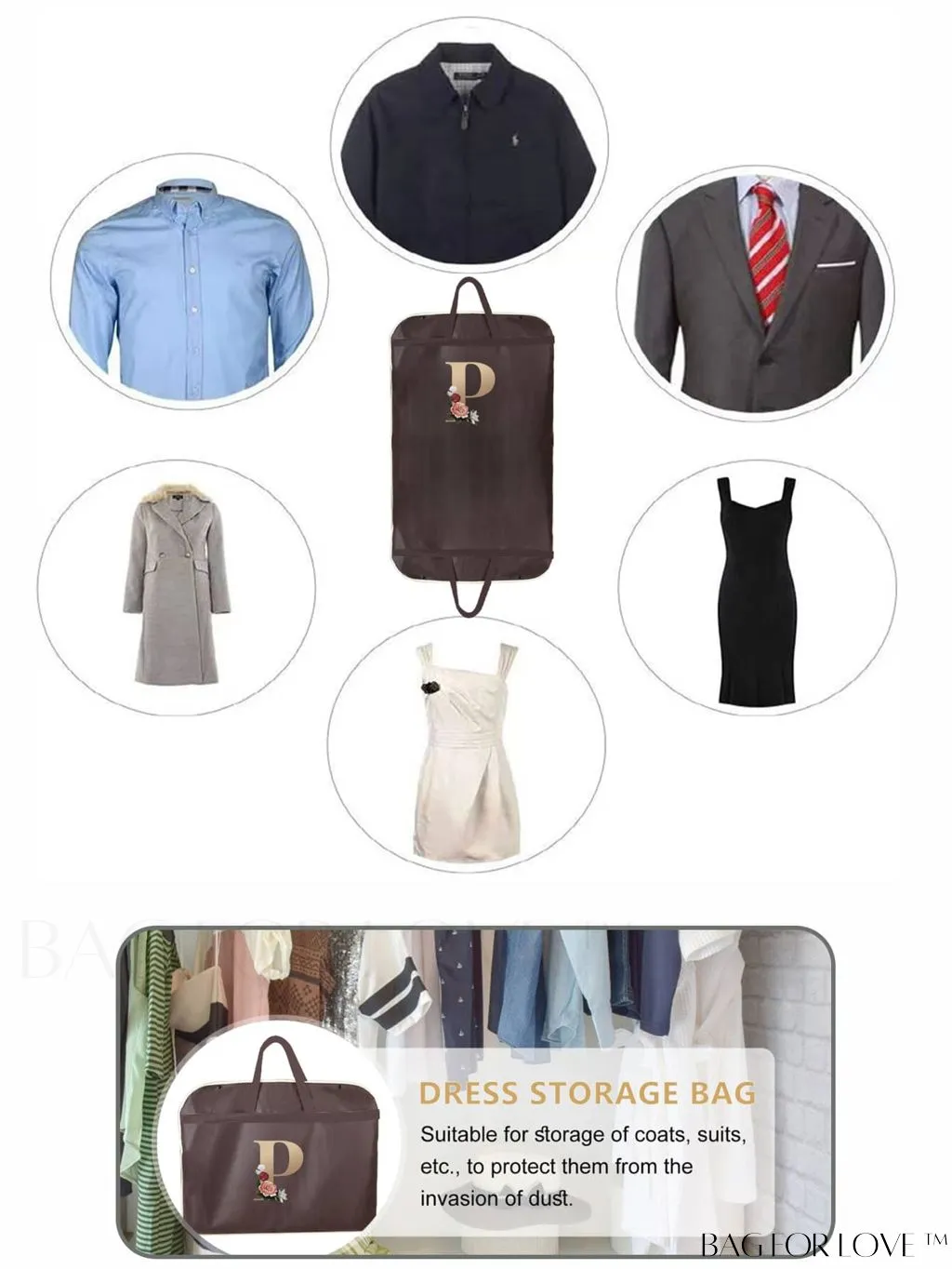 BagForLove - Gold Letter Initial Print Wedding Dress Garment Bag - Travel Tote for Dust-Proof Storage