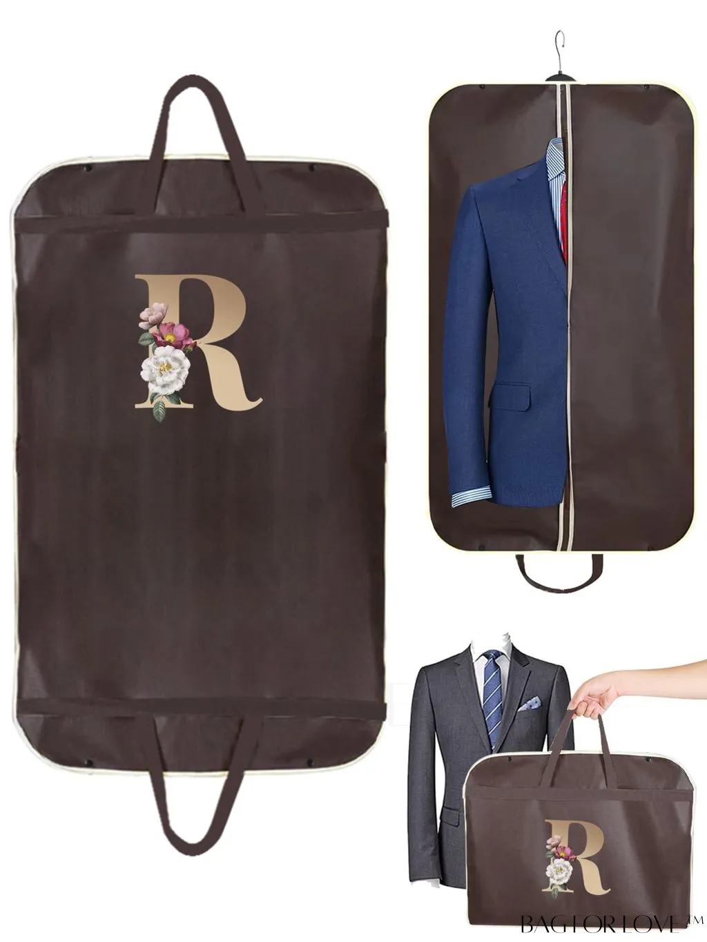 BagForLove - Gold Letter Initial Print Wedding Dress Garment Bag - Travel Tote for Dust-Proof Storage