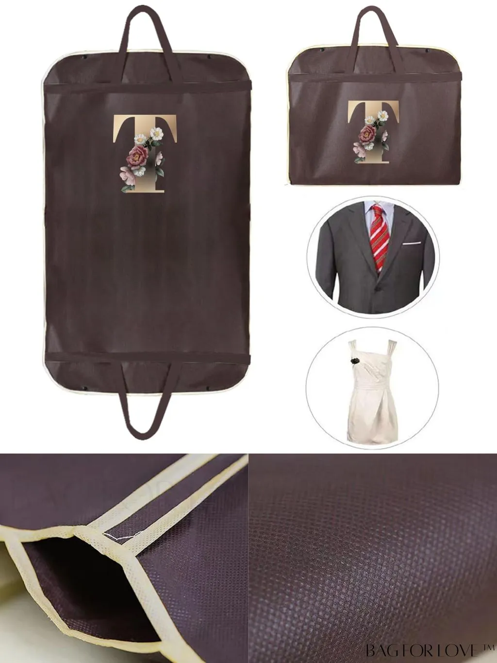 BagForLove - Gold Letter Initial Print Wedding Dress Garment Bag - Travel Tote for Dust-Proof Storage