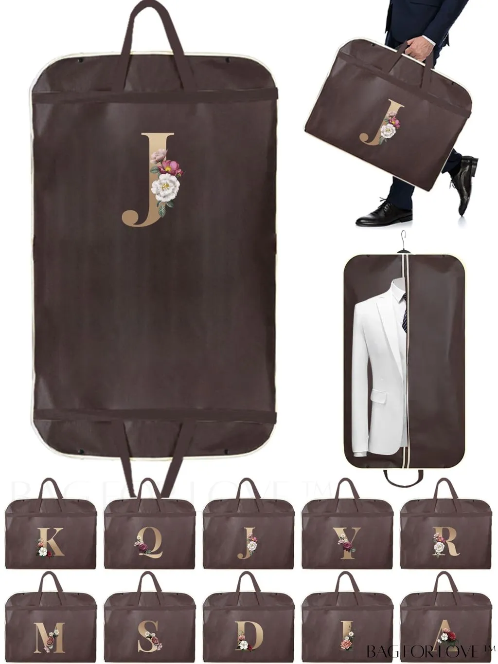 BagForLove - Gold Letter Initial Print Wedding Dress Garment Bag - Travel Tote for Dust-Proof Storage