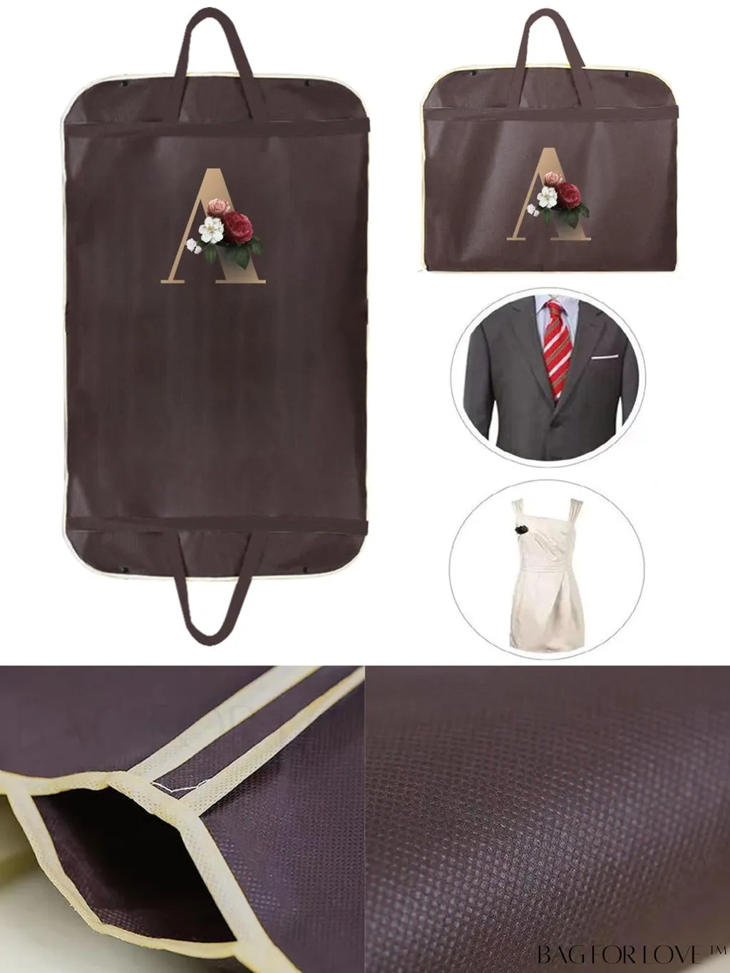 BagForLove - Gold Letter Initial Print Wedding Dress Garment Bag - Travel Tote for Dust-Proof Storage