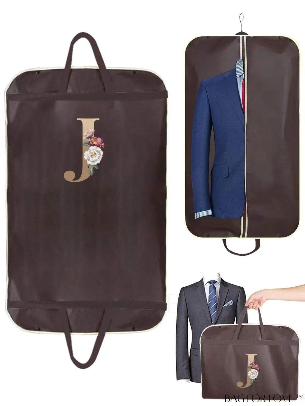 BagForLove - Gold Letter Initial Print Wedding Dress Garment Bag - Travel Tote for Dust-Proof Storage