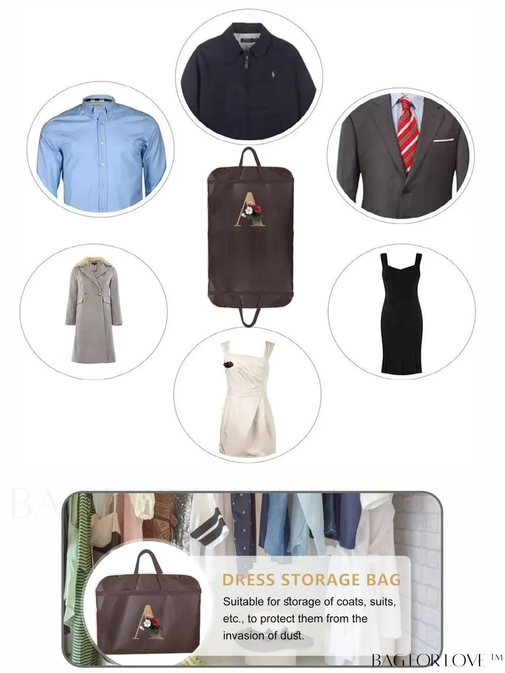 BagForLove - Gold Letter Initial Print Wedding Dress Garment Bag - Travel Tote for Dust-Proof Storage
