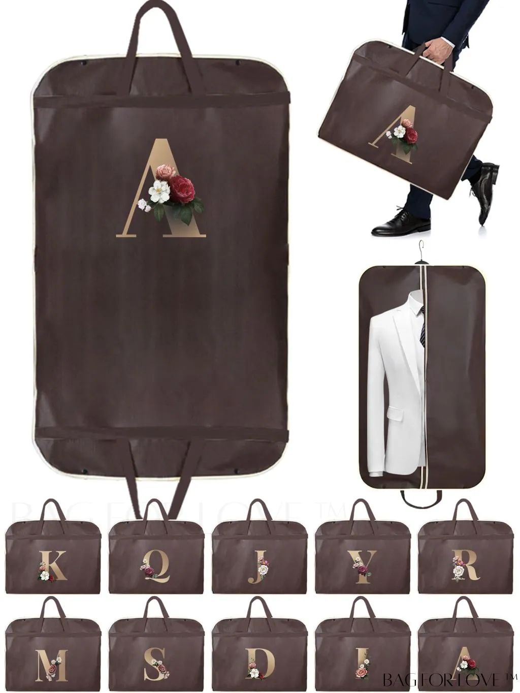 BagForLove - Gold Letter Initial Print Wedding Dress Garment Bag - Travel Tote for Dust-Proof Storage