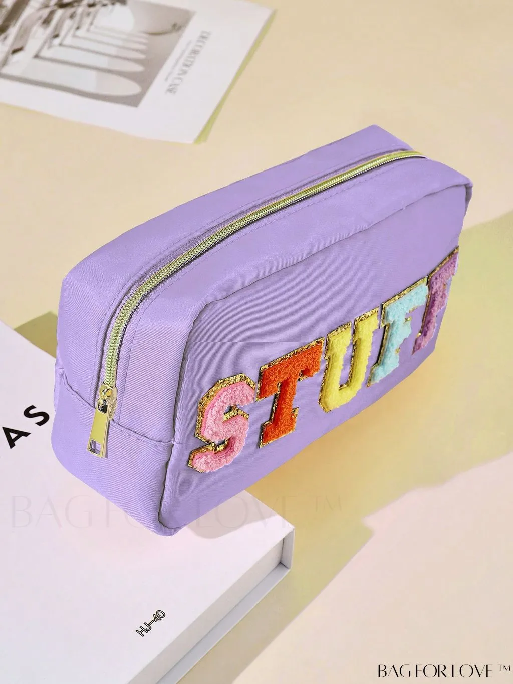 BagForLove - Premium Purple Polyester Makeup Bag with Letter Patch Decoration