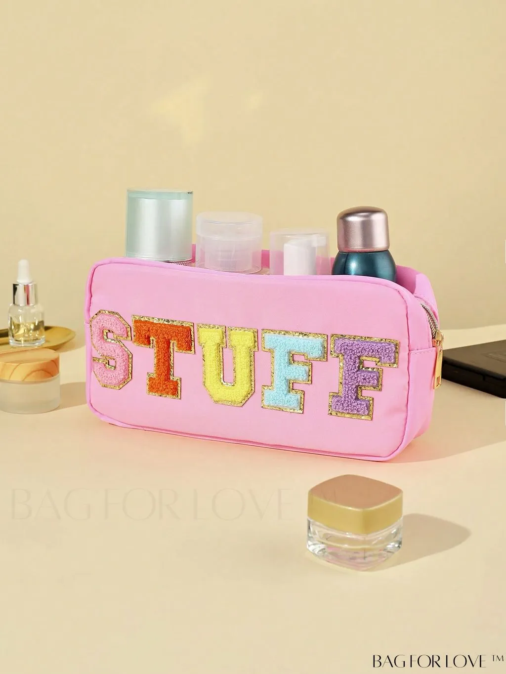 BagForLove - Premium Purple Polyester Makeup Bag with Letter Patch Decoration