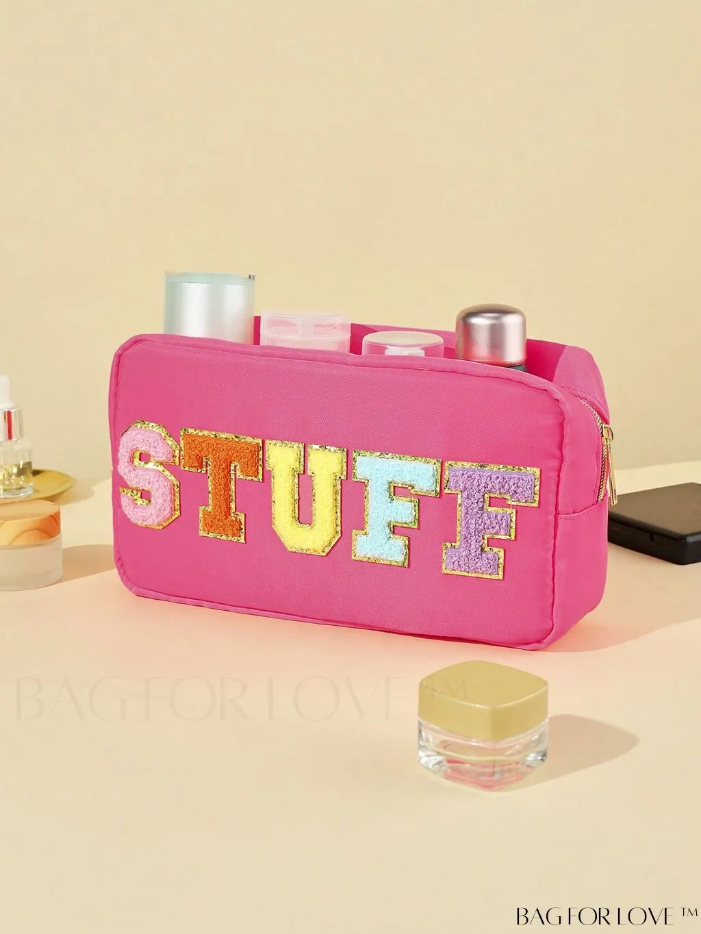 BagForLove - Premium Purple Polyester Makeup Bag with Letter Patch Decoration