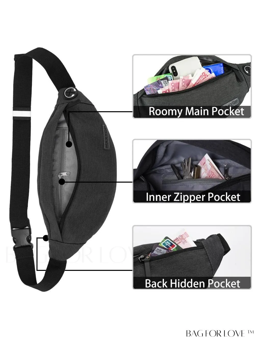 BagForLove - Versatile MAXTOP Waist Pack with Headphone Jack, Multiple Pockets & Adjustable Straps