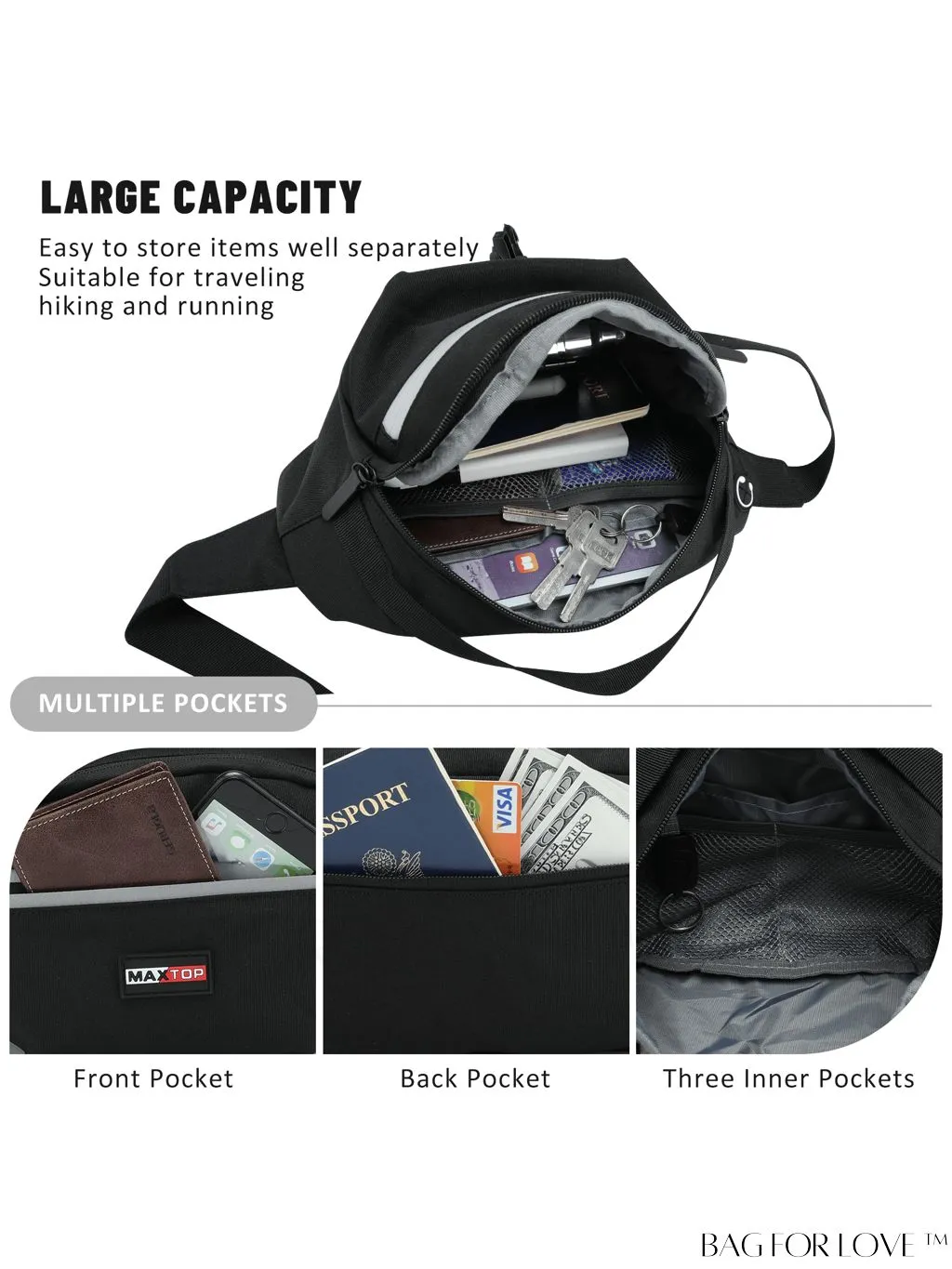 BagForLove - Water-Resistant Waist Bag for Outdoor Activities - MAXTOP Large Crossbody Hiking Fanny Pack