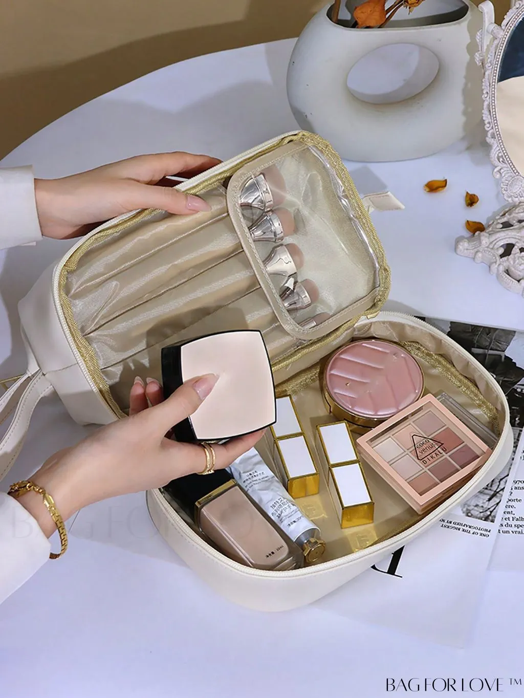 BagForLove - Waterproof Travel Makeup Bag: Multi-function Toiletry Organizer in Beige, Portable and Quality PU Material
