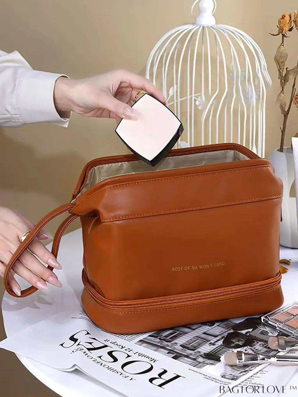 BagForLove - Waterproof Travel Makeup Bag: Multi-function Toiletry Organizer in Beige, Portable and Quality PU Material