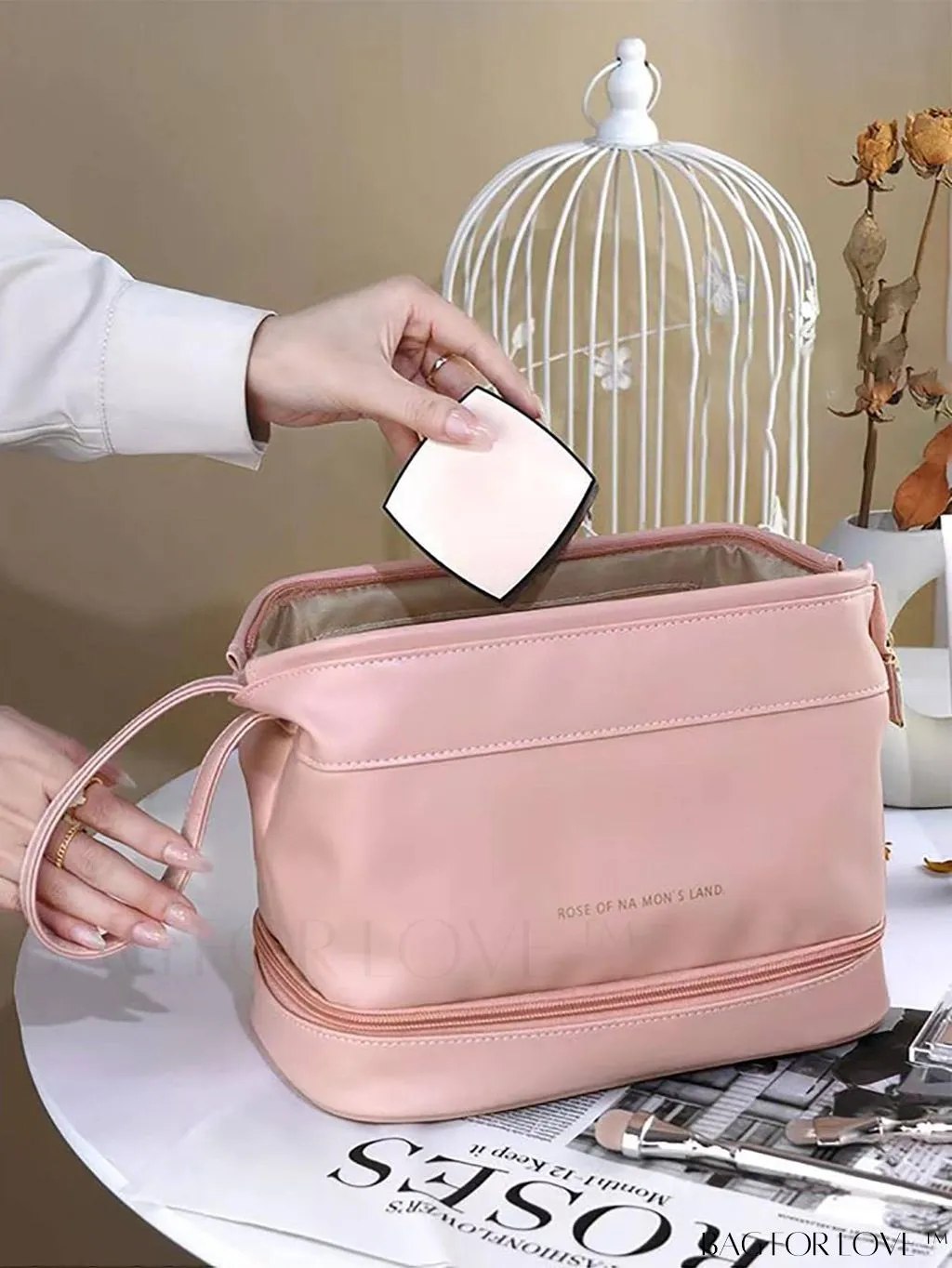 BagForLove - Waterproof Travel Makeup Bag: Multi-function Toiletry Organizer in Beige, Portable and Quality PU Material