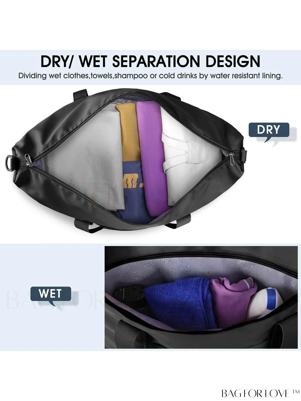 BagForLove - Waterproof Unisex Gym Duffle Bag for Travel - 30L/40L Capacity, Wet Pocket & Toiletry Bag