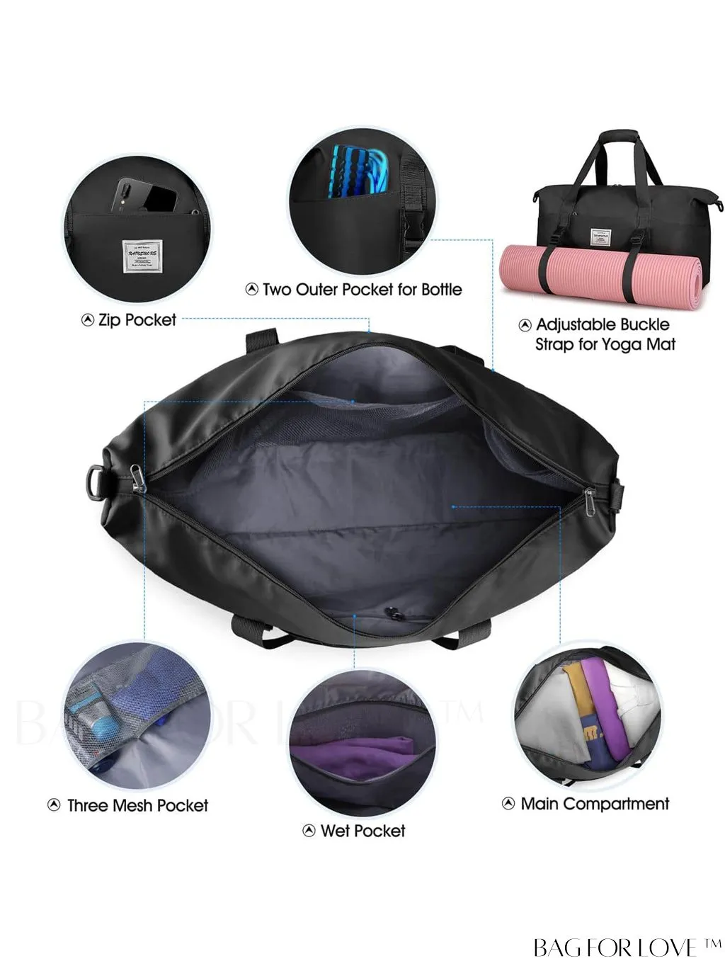 BagForLove - Waterproof Unisex Gym Duffle Bag for Travel - 30L/40L Capacity, Wet Pocket & Toiletry Bag