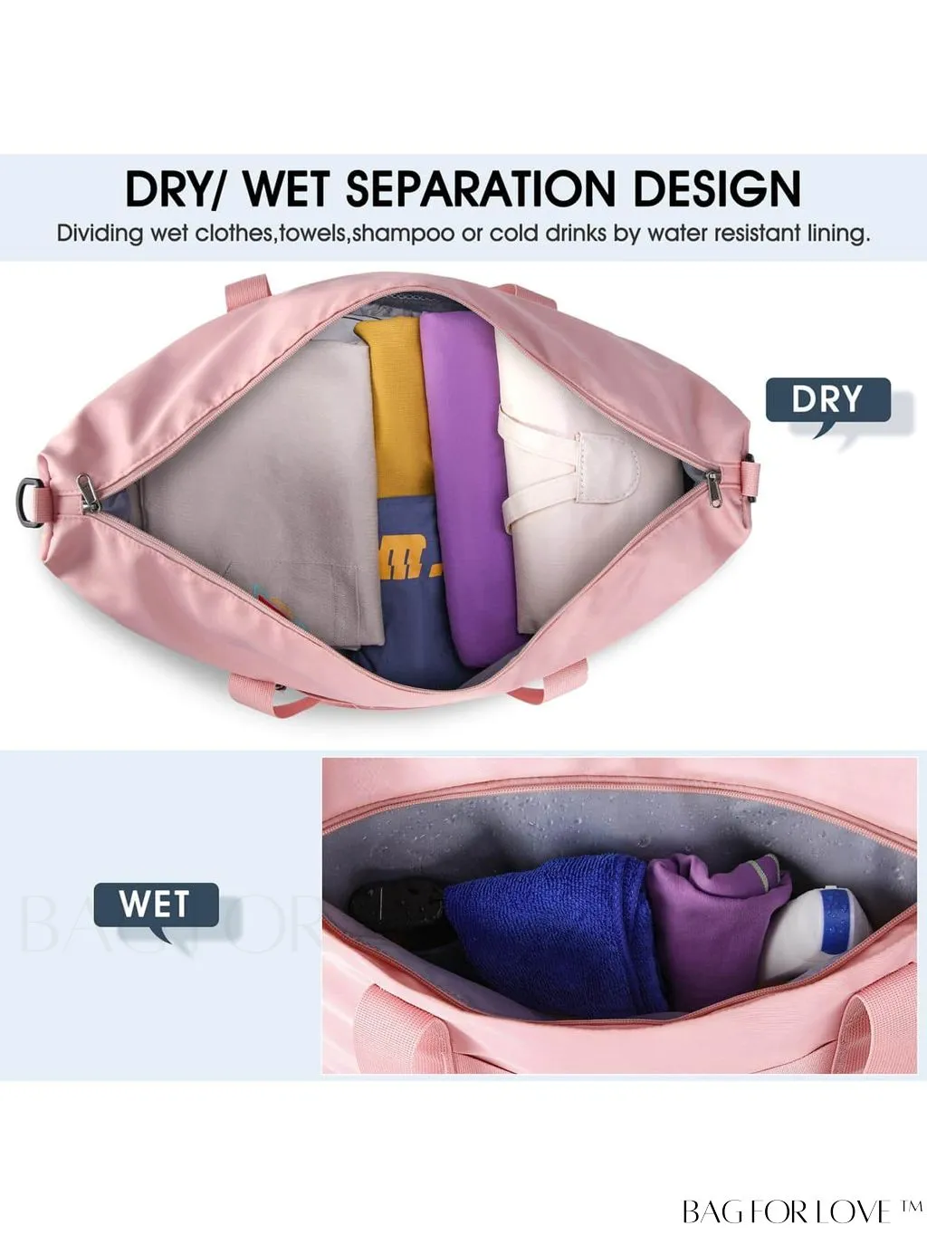 BagForLove - Waterproof Unisex Gym Duffle Bag for Travel - 30L/40L Capacity, Wet Pocket & Toiletry Bag