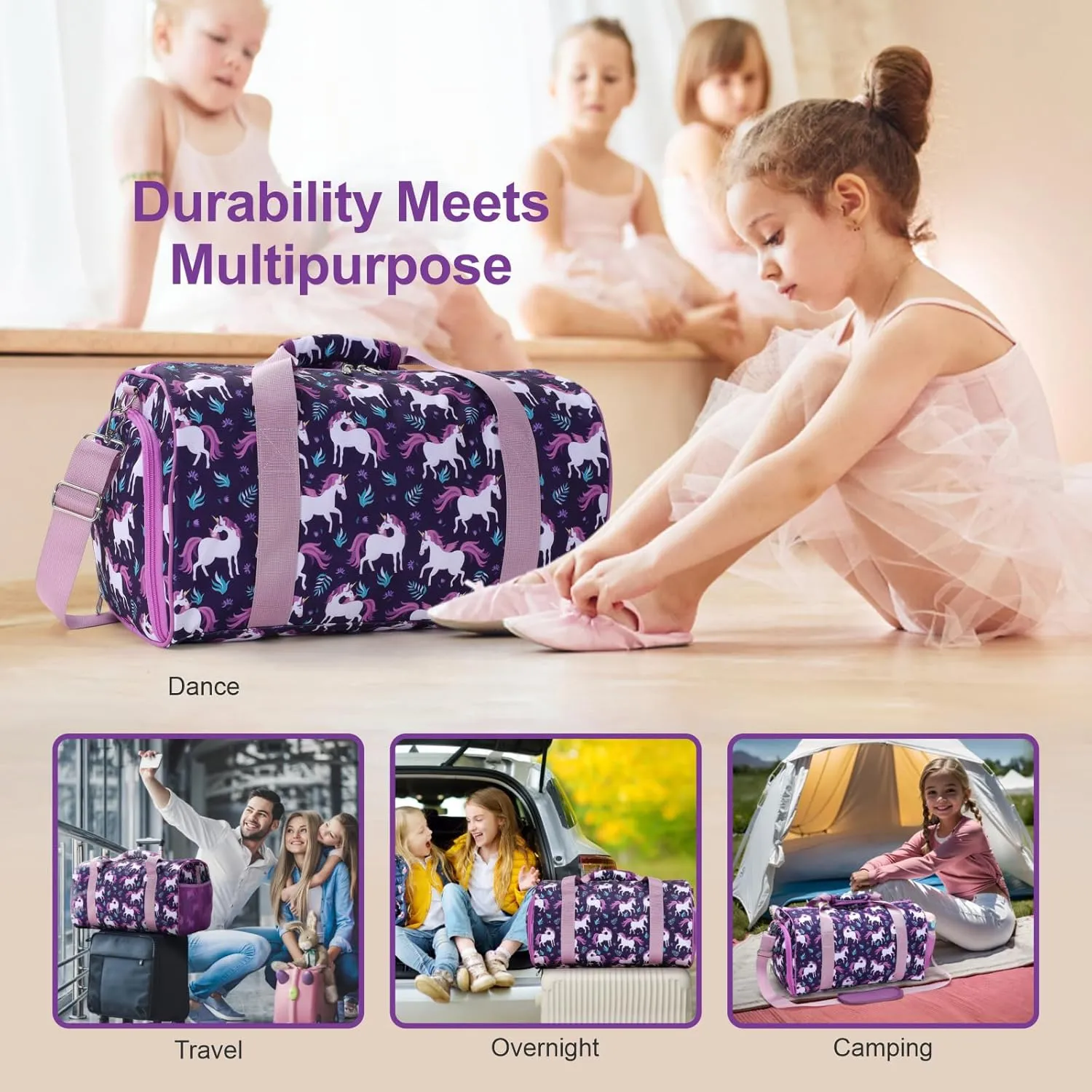 Bagseri Dance Bag for Girls - Ballet Duffle With Shoes Compartment for Kids Above 6yr, Overnight Travel Sleepover Bag With Dry Wet Separation Pockets