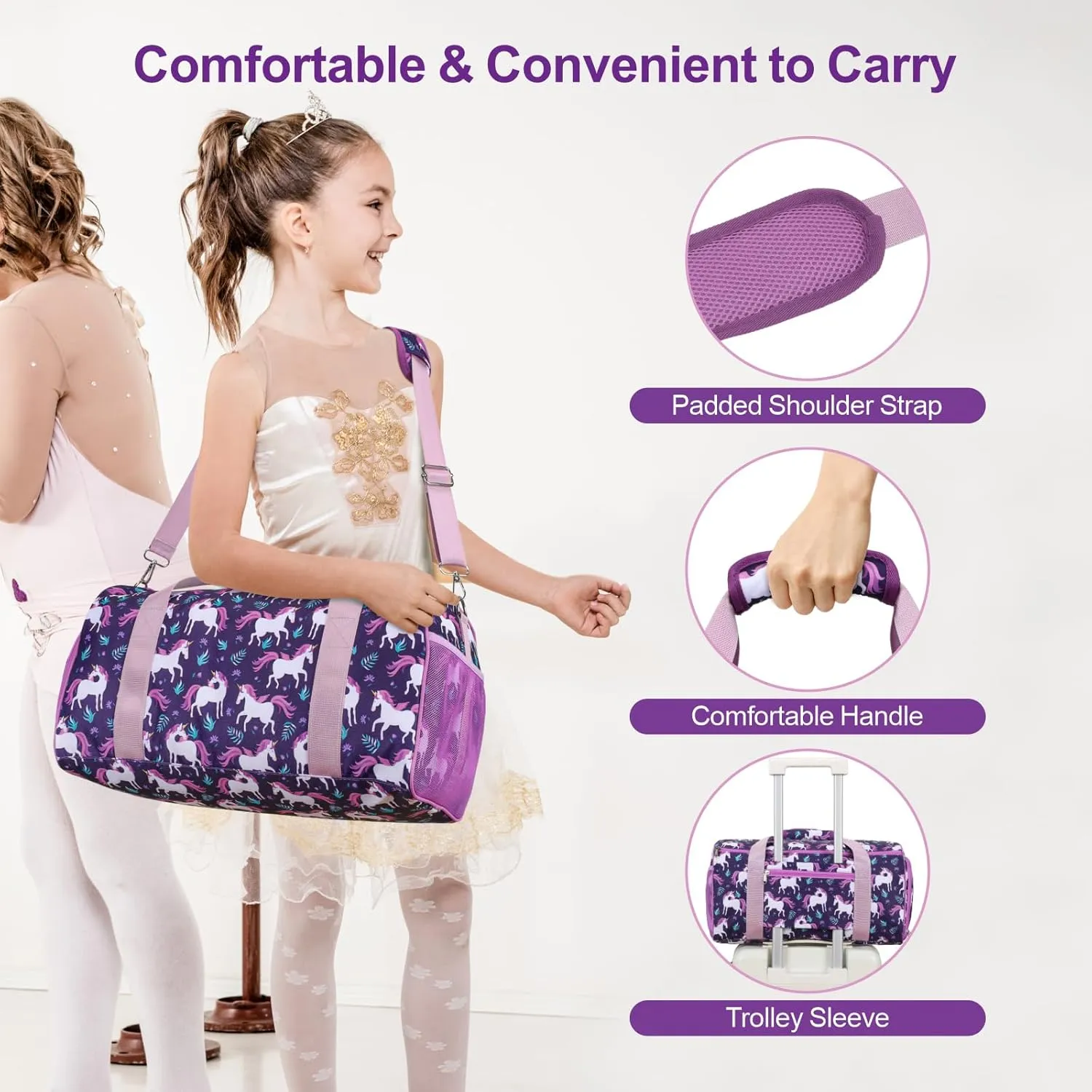 Bagseri Dance Bag for Girls - Ballet Duffle With Shoes Compartment for Kids Above 6yr, Overnight Travel Sleepover Bag With Dry Wet Separation Pockets
