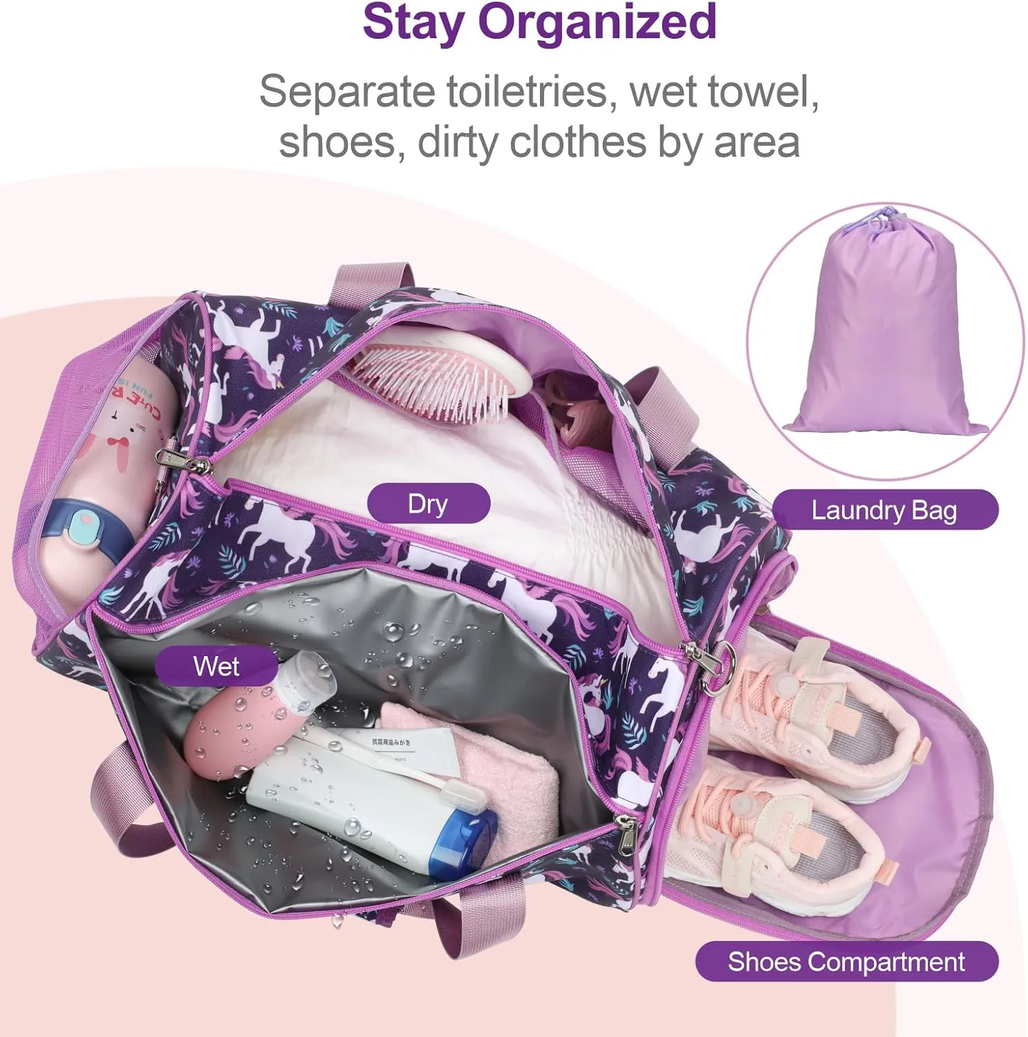 Bagseri Dance Bag for Girls - Ballet Duffle With Shoes Compartment for Kids Above 6yr, Overnight Travel Sleepover Bag With Dry Wet Separation Pockets