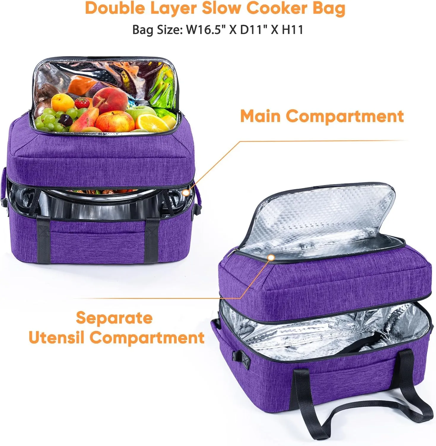 BAGSPRITE Double-Layer Slow Cooker Carrying Bag for 6-8 Quart CrockPot and Hamlton Beach Slow Cooker, Travel Bag with Lid Fastener for Crock-pot, Portable Carrier Case Slow Cooker Bag