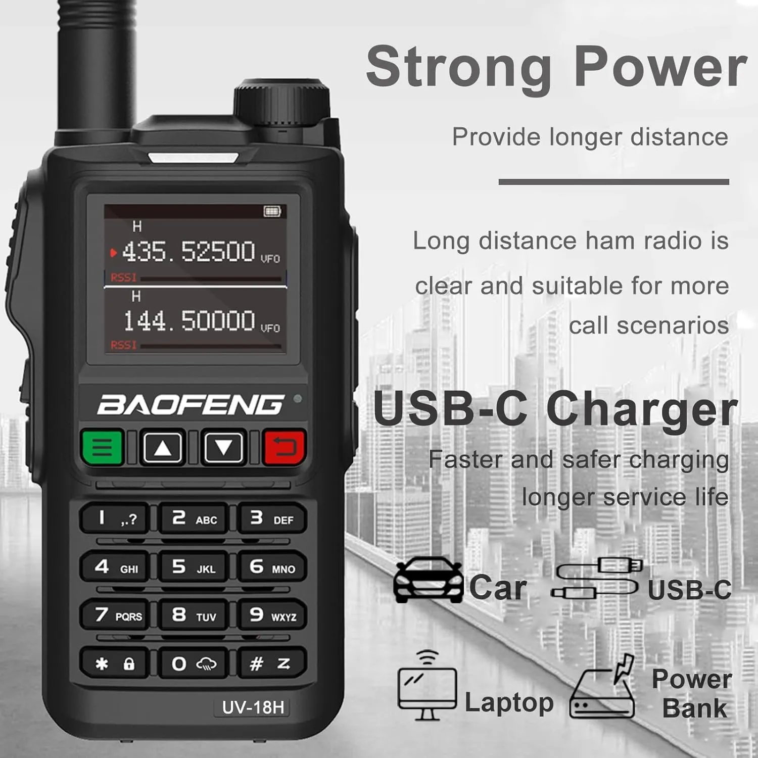 BAOFENG UV-18H 6 Band Ham Radio GPS NOAA USB-C Charging Two Way Radio Long Range 5W Max Wireless Copy Frequency Walkie Talkie 1.77in LCD Screen with Headset and Speaker Mic